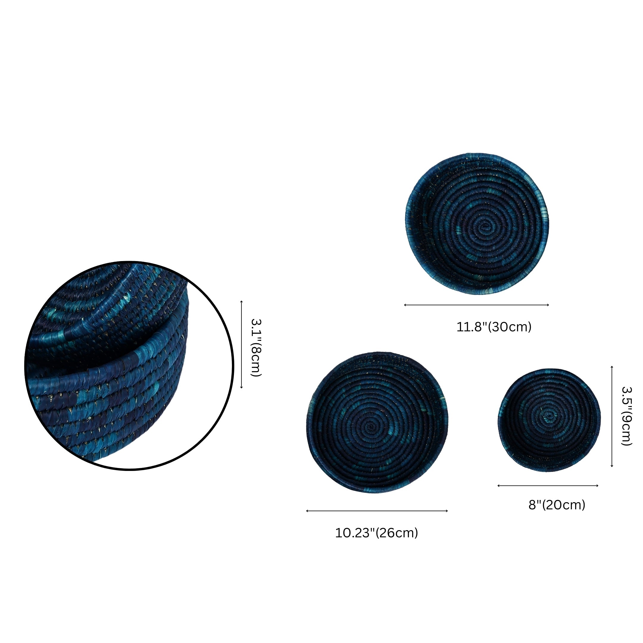 Handcrafted Sabai Grass Round Storage Baskets – Set of 3—Blue