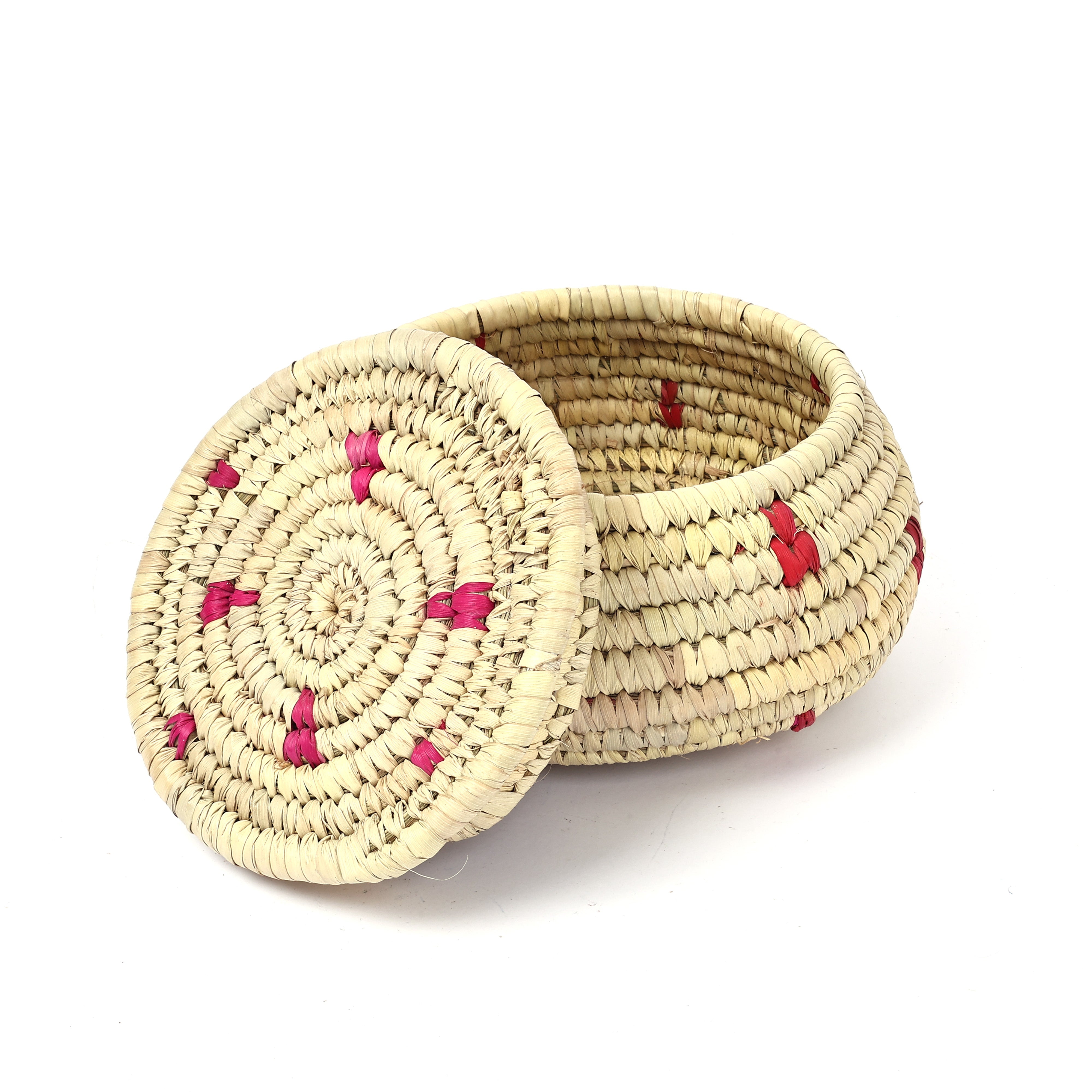 Handcrafted Sabai Grass Round Storage Box—Beige and Pink