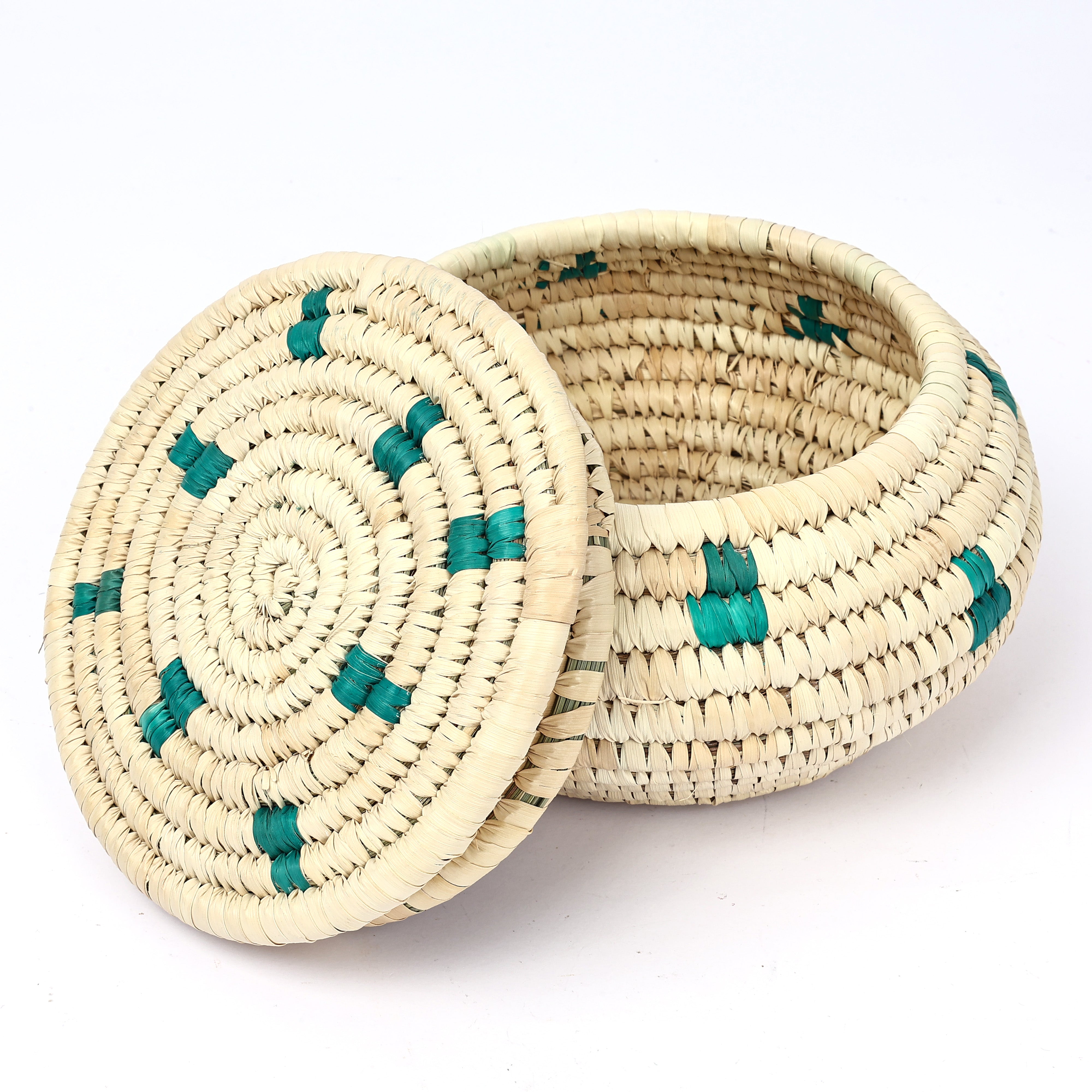 Handcrafted Sabai Grass Round Storage Box—Beige and Teal