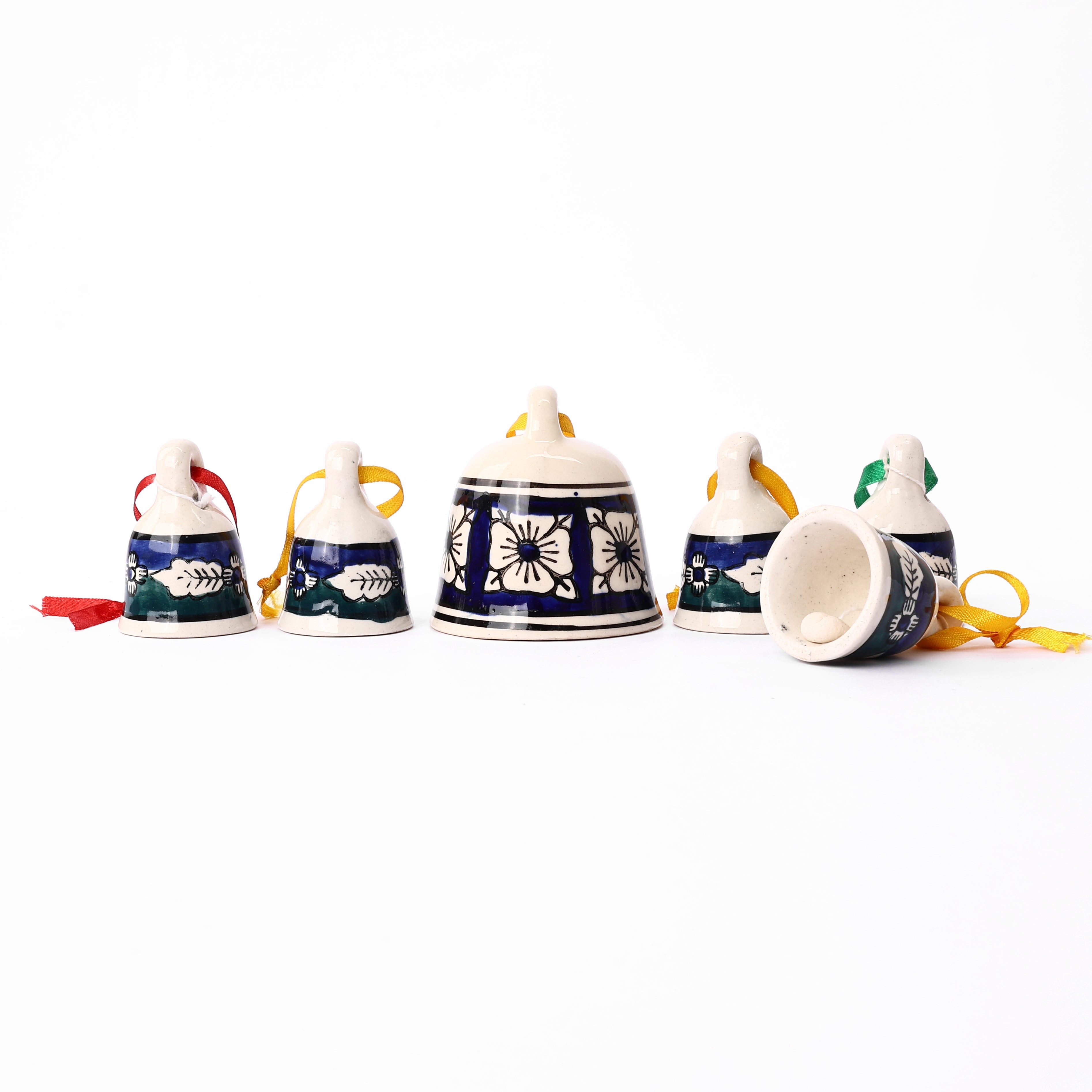 Handcrafted White, Blue and Green Ceramic Hanging Bells—Set of 5