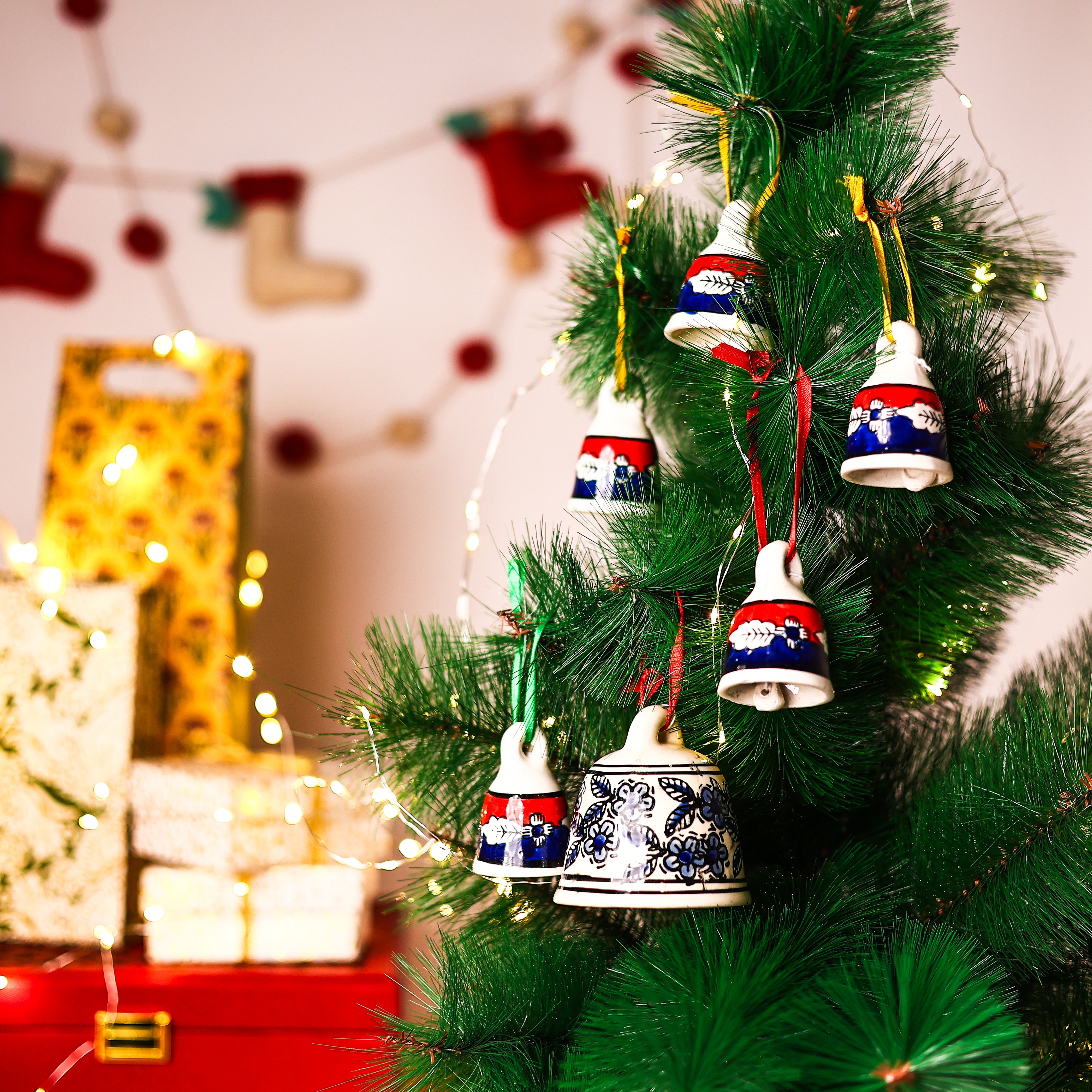 Handcrafted White, Red and Blue Ceramic Hanging Bells