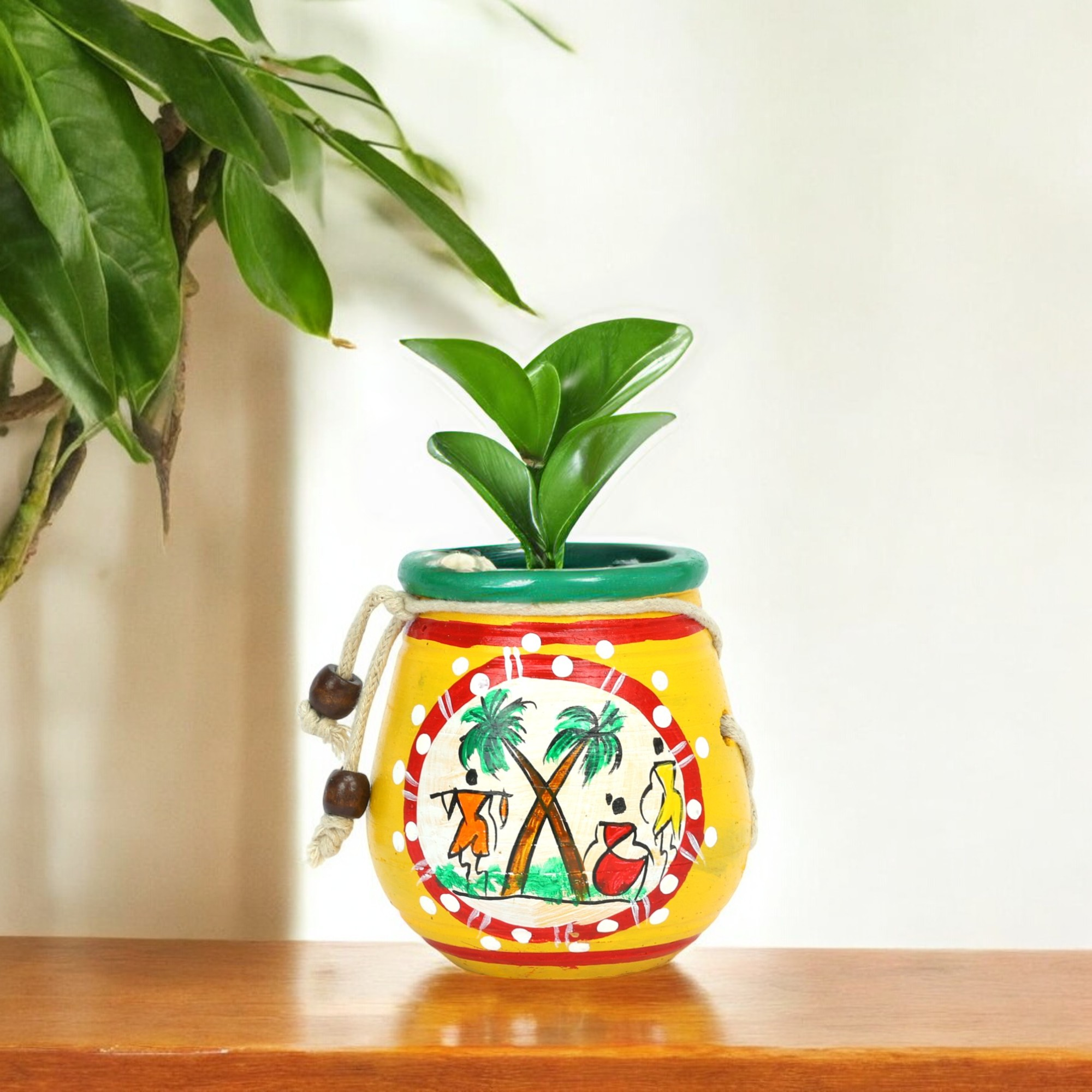 Handcrafted Yellow Terracotta Planter - Warli Hand Painting