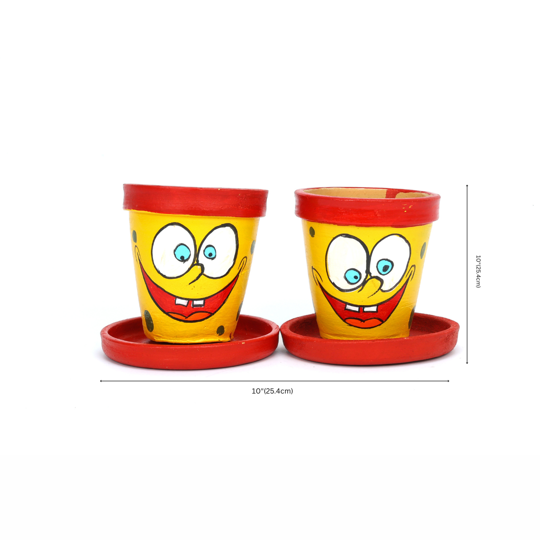 Handcrafted Yellow and Red Terracotta Planters - Set of 2 - Funky Hand Painting
