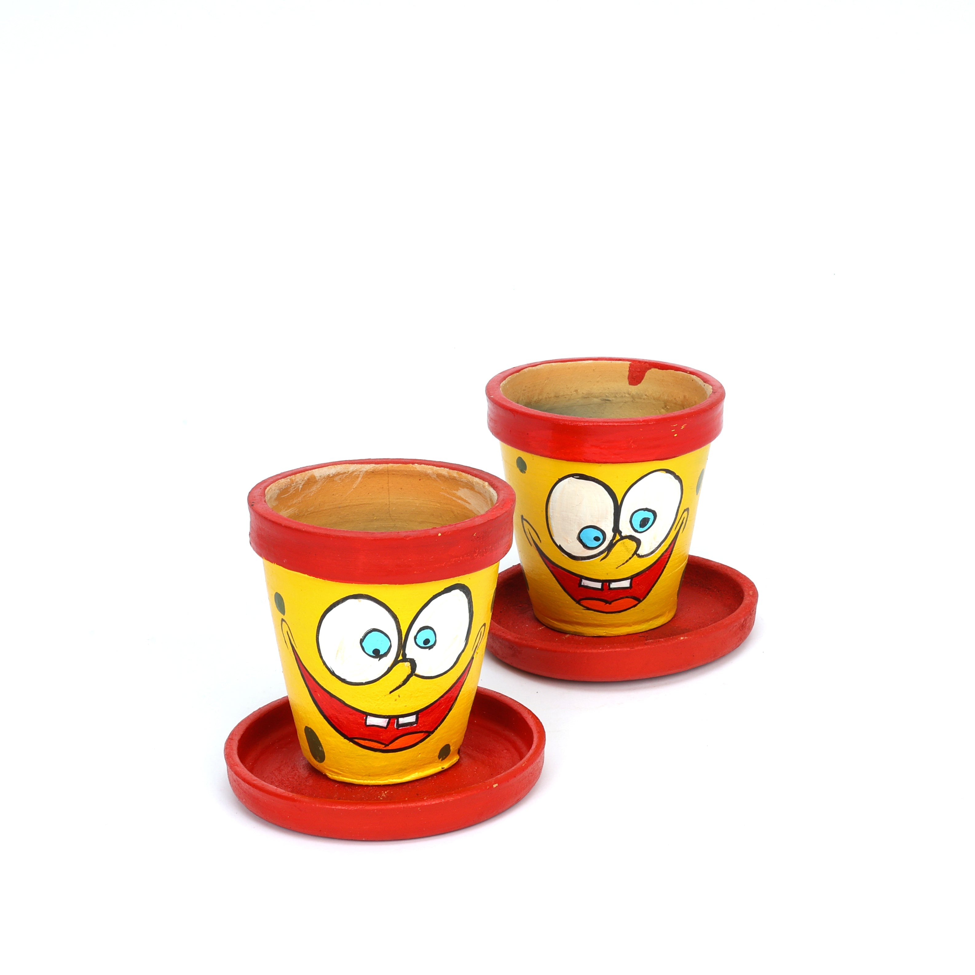 Handcrafted Yellow and Red Terracotta Planters - Set of 2 - Funky Hand Painting