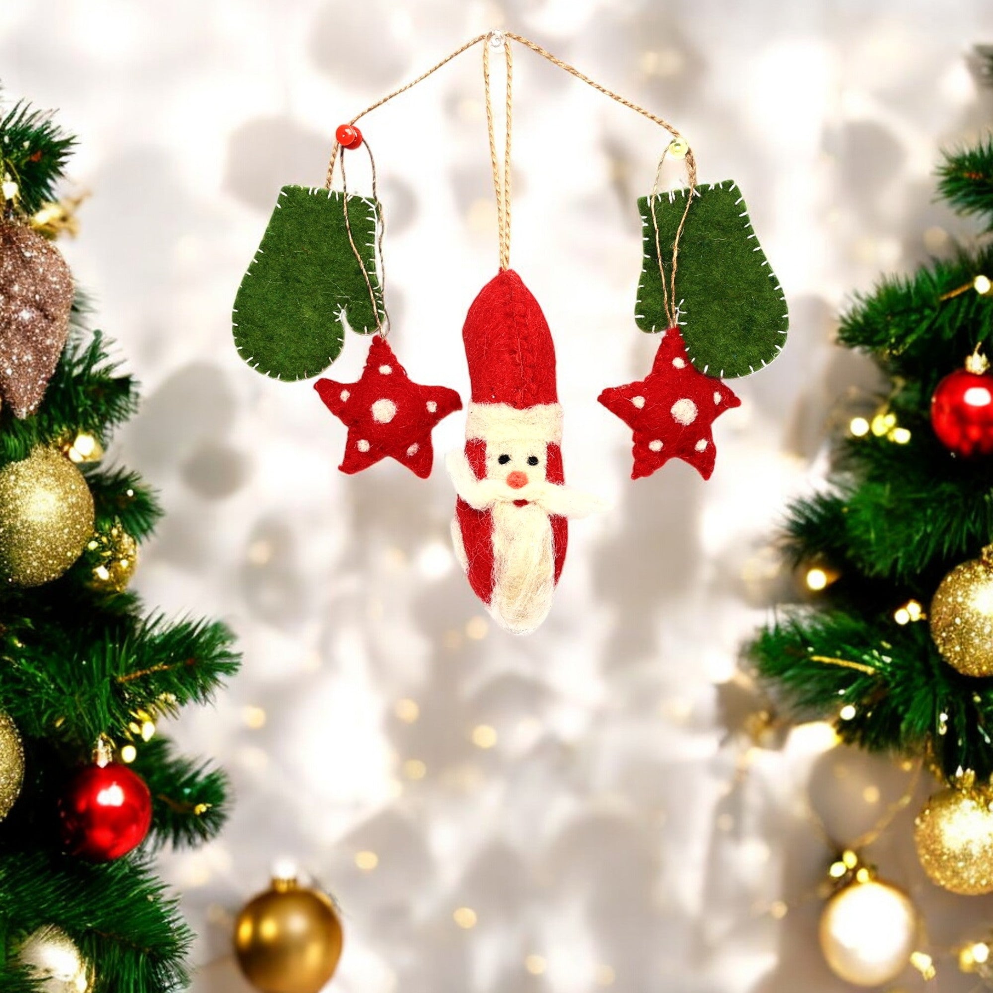 Handmade Needled Felt Work Miniature Christmas Décor Hanging Set—Red and Green