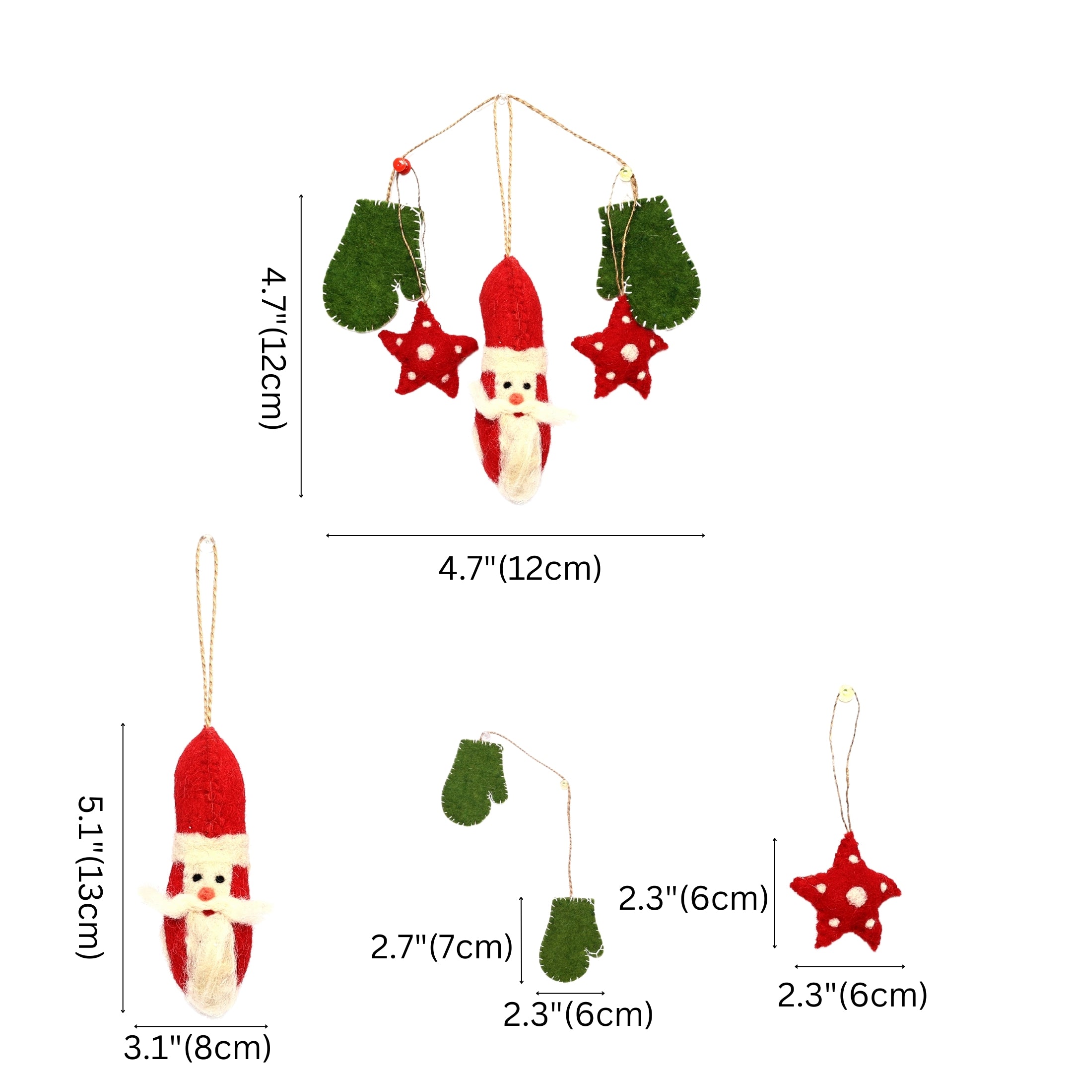Handmade Needled Felt Work Miniature Christmas Décor Hanging Set—Red and Green