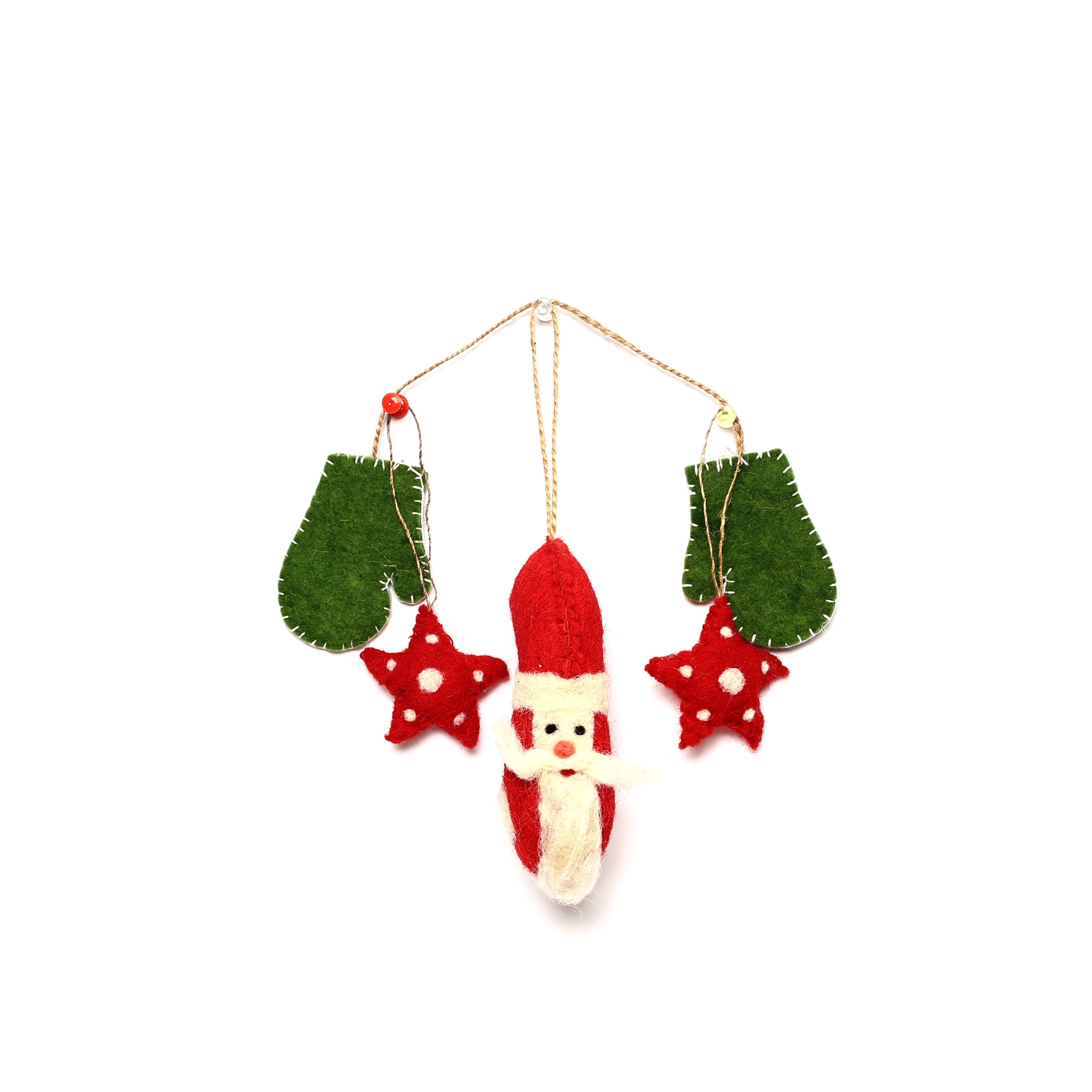 Handmade Needled Felt Work Miniature Christmas Décor Hanging Set—Red and Green