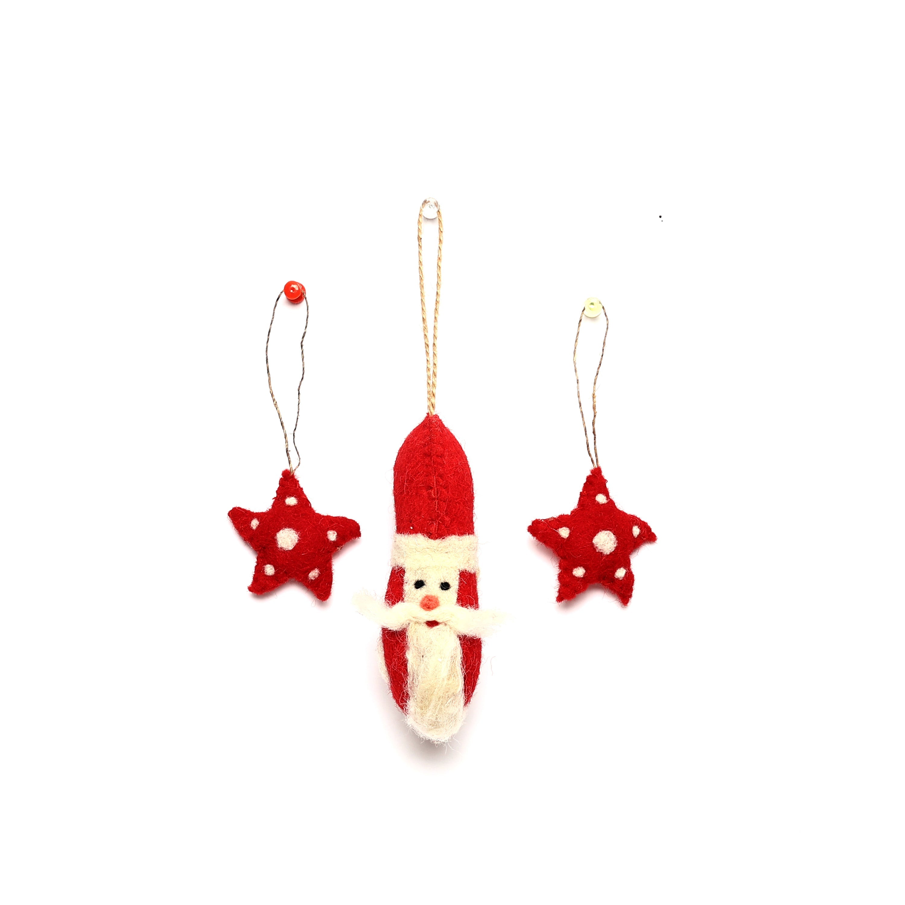 Handmade Needled Felt Work Miniature Christmas Décor Hanging Set—Red and Green