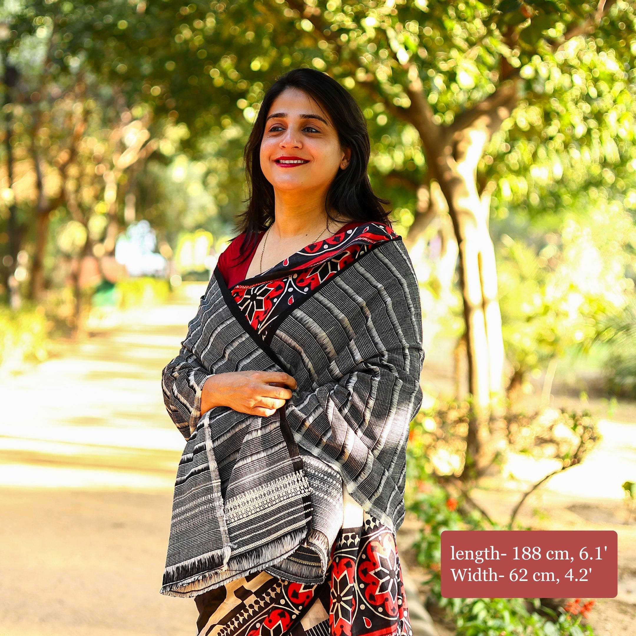 Handwoven Black and Grey Kutchi Bhujodi Stole—Stripe Pattern