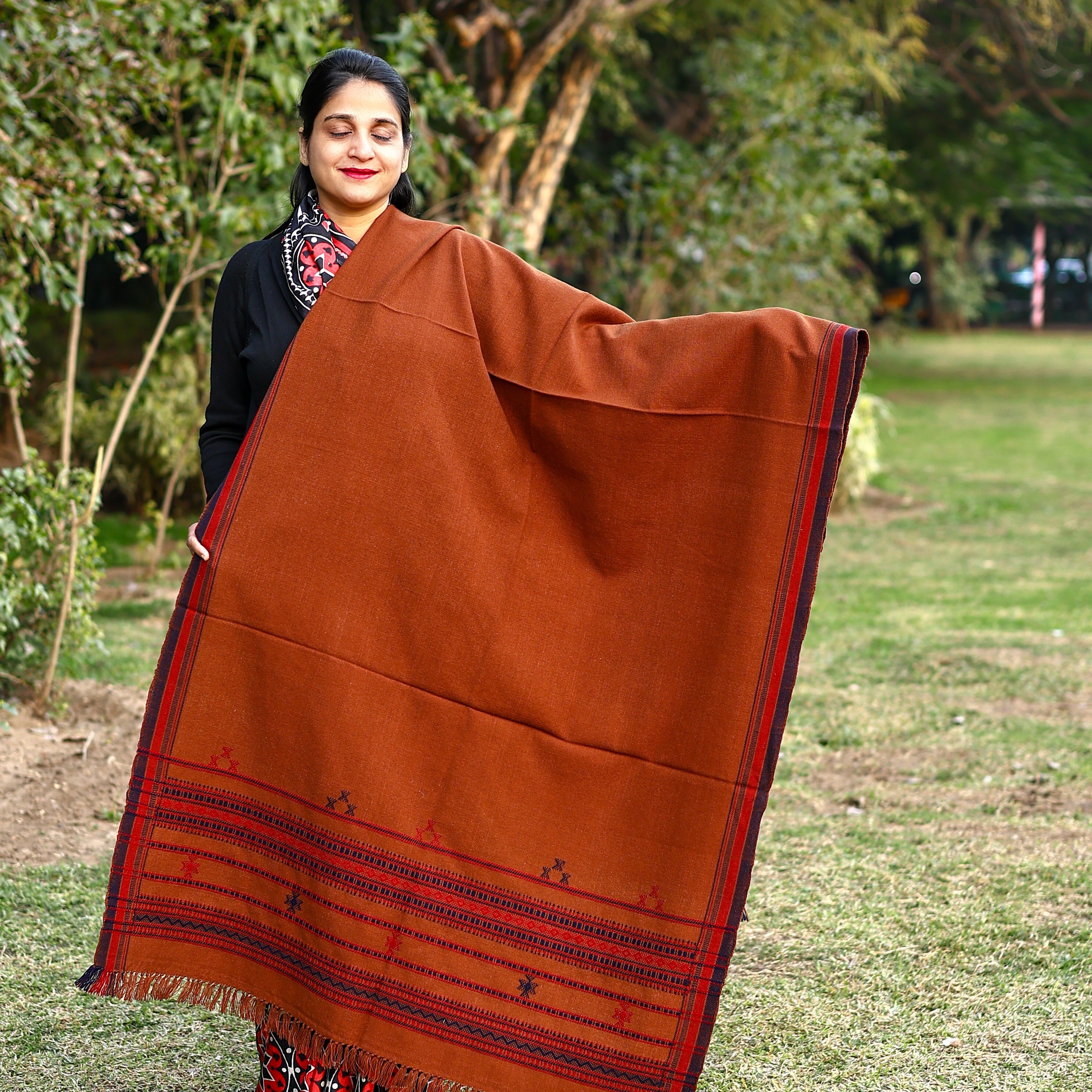 Handwoven Kutchi Bhujodi Brown Geometric Pattern Shawl