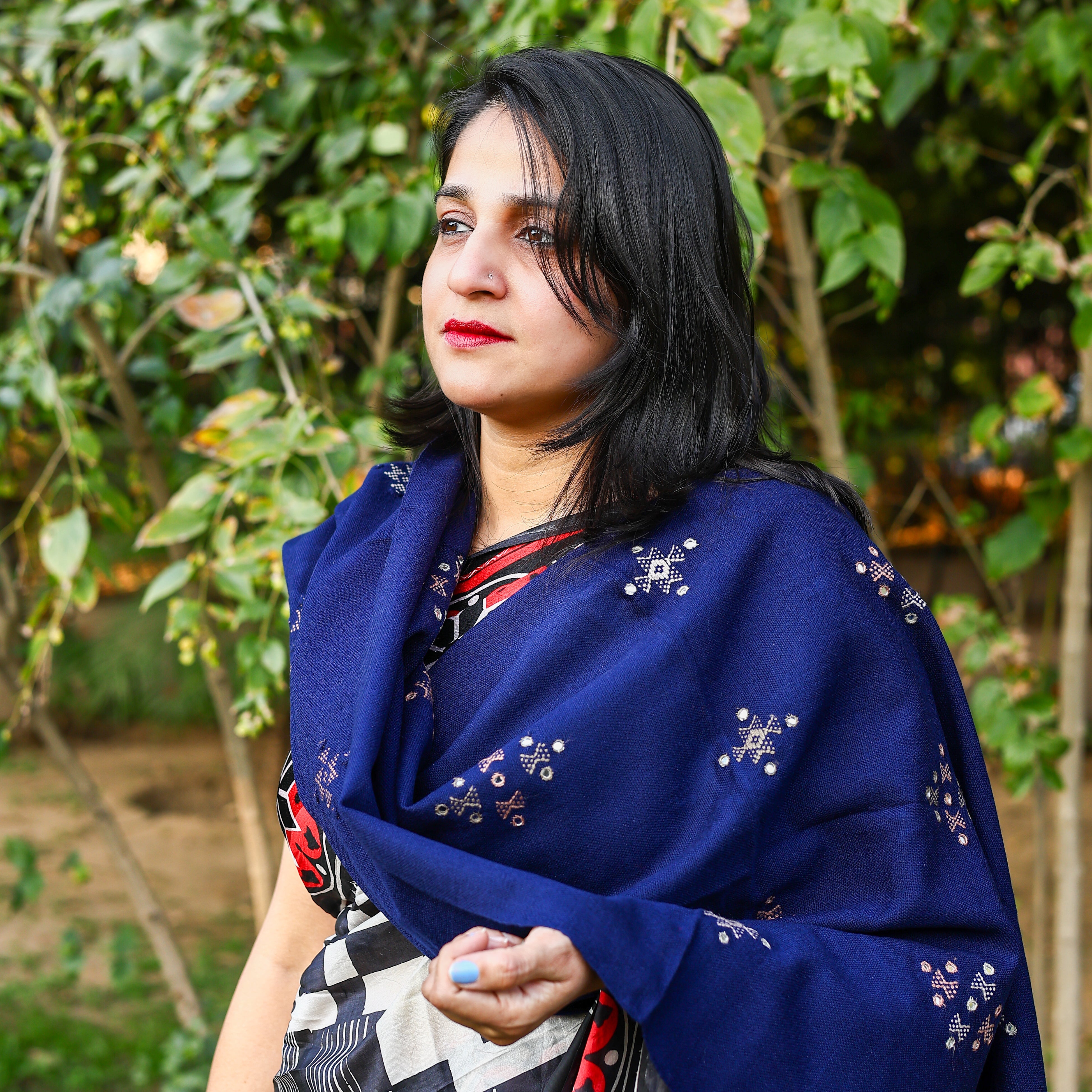 Handwoven Kutchi Bhujodi Navy Blue Stole