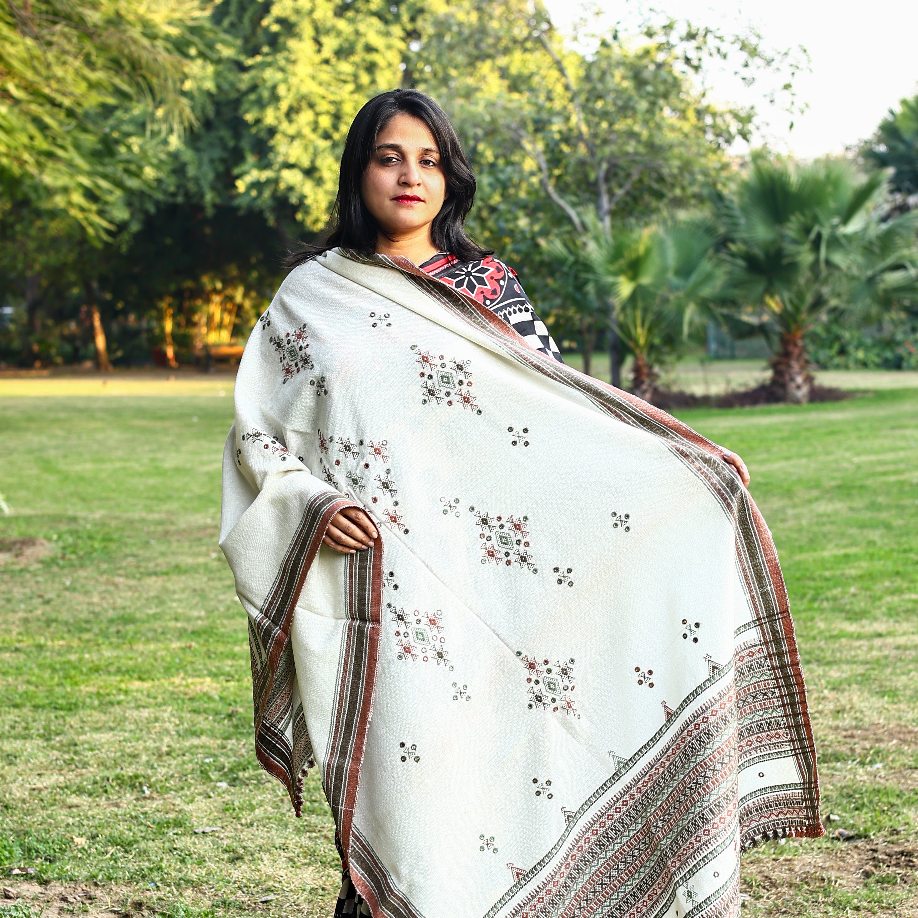 Handwoven Kutchi Bhujodi White Shawl with Earthy Red and Green Geometric Patterns