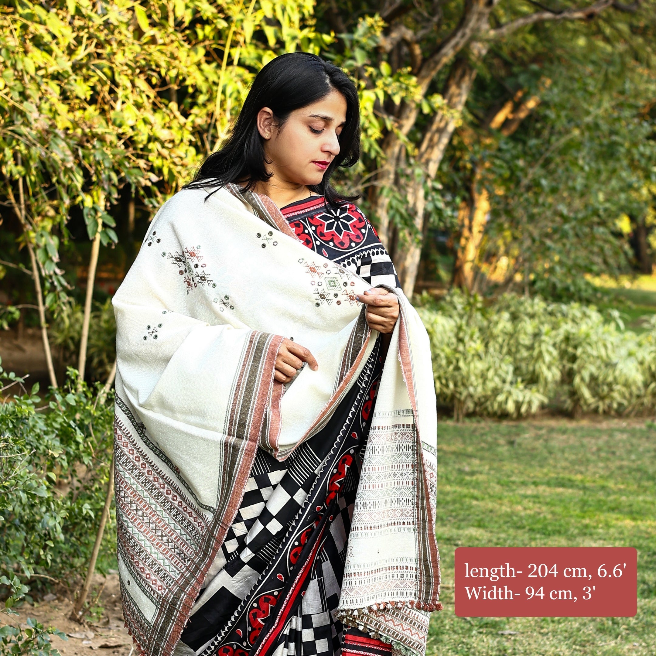 Handwoven Kutchi Bhujodi White Shawl with Earthy Red and Green Geometric Patterns