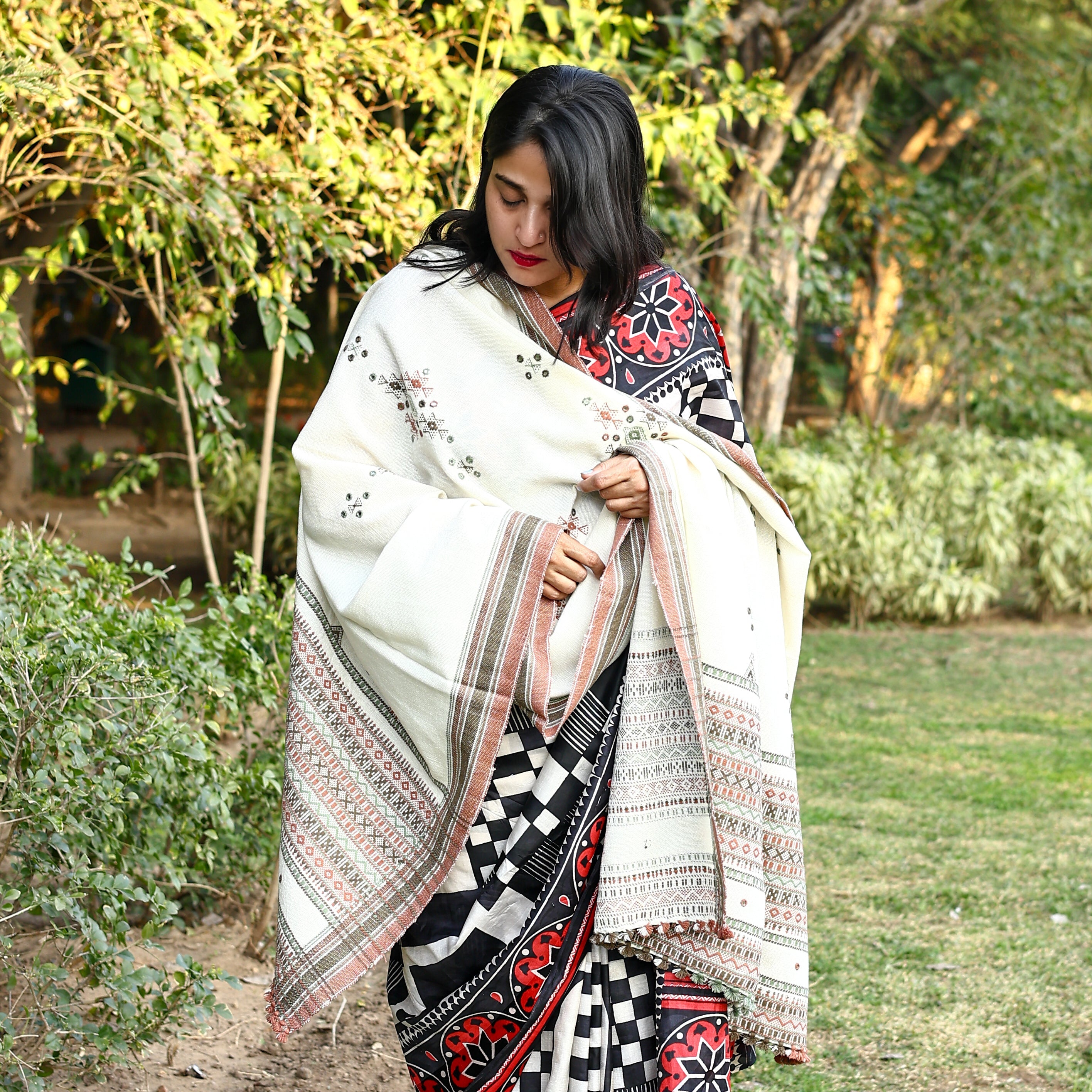 Handwoven Kutchi Bhujodi White Shawl with Earthy Red and Green Geometric Patterns