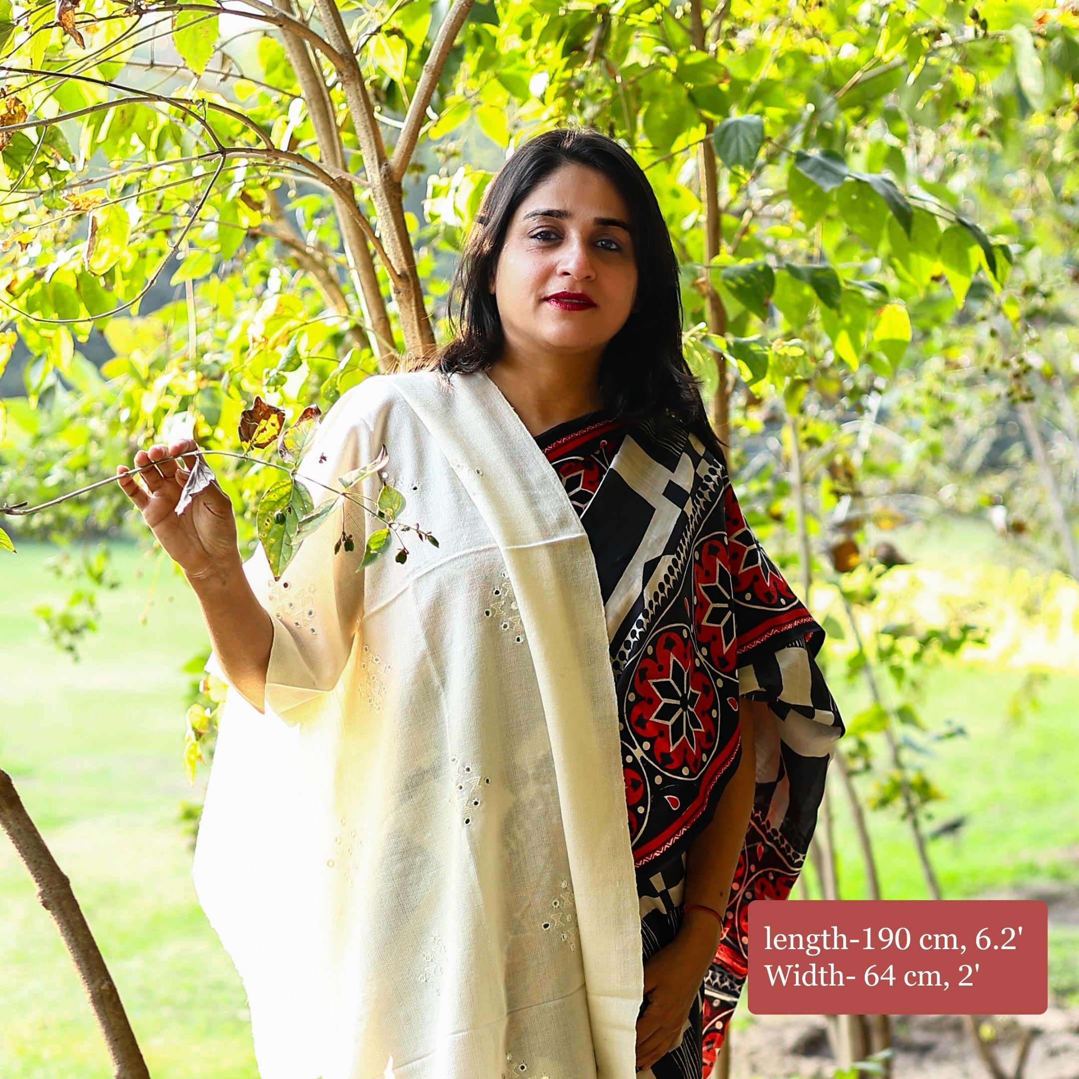 Handwoven Kutchi Bhujodi White Stole with Mirrorwork and Geometric Pattern