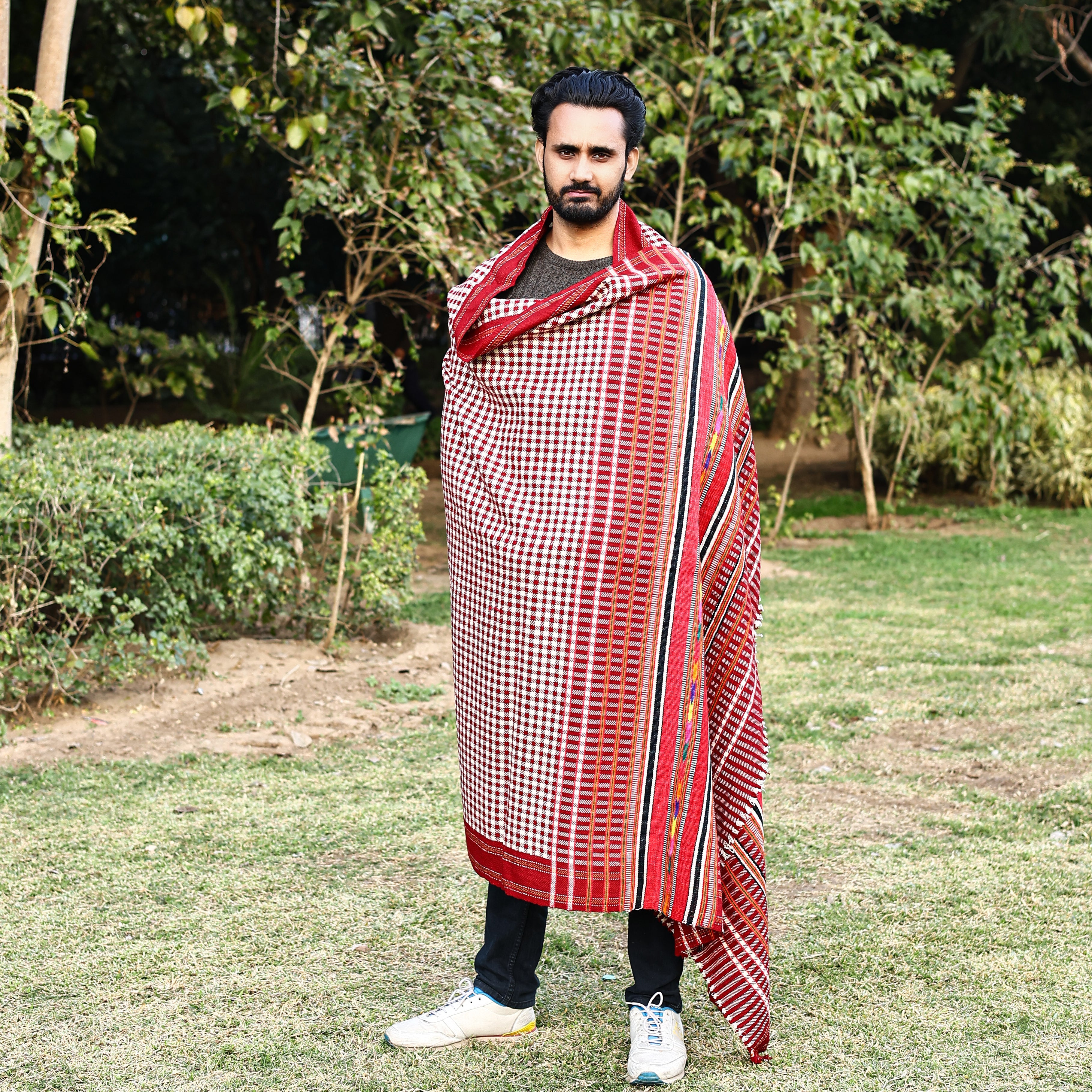 Handwoven Rajasthani Pattu Shawl—Red and Ivory