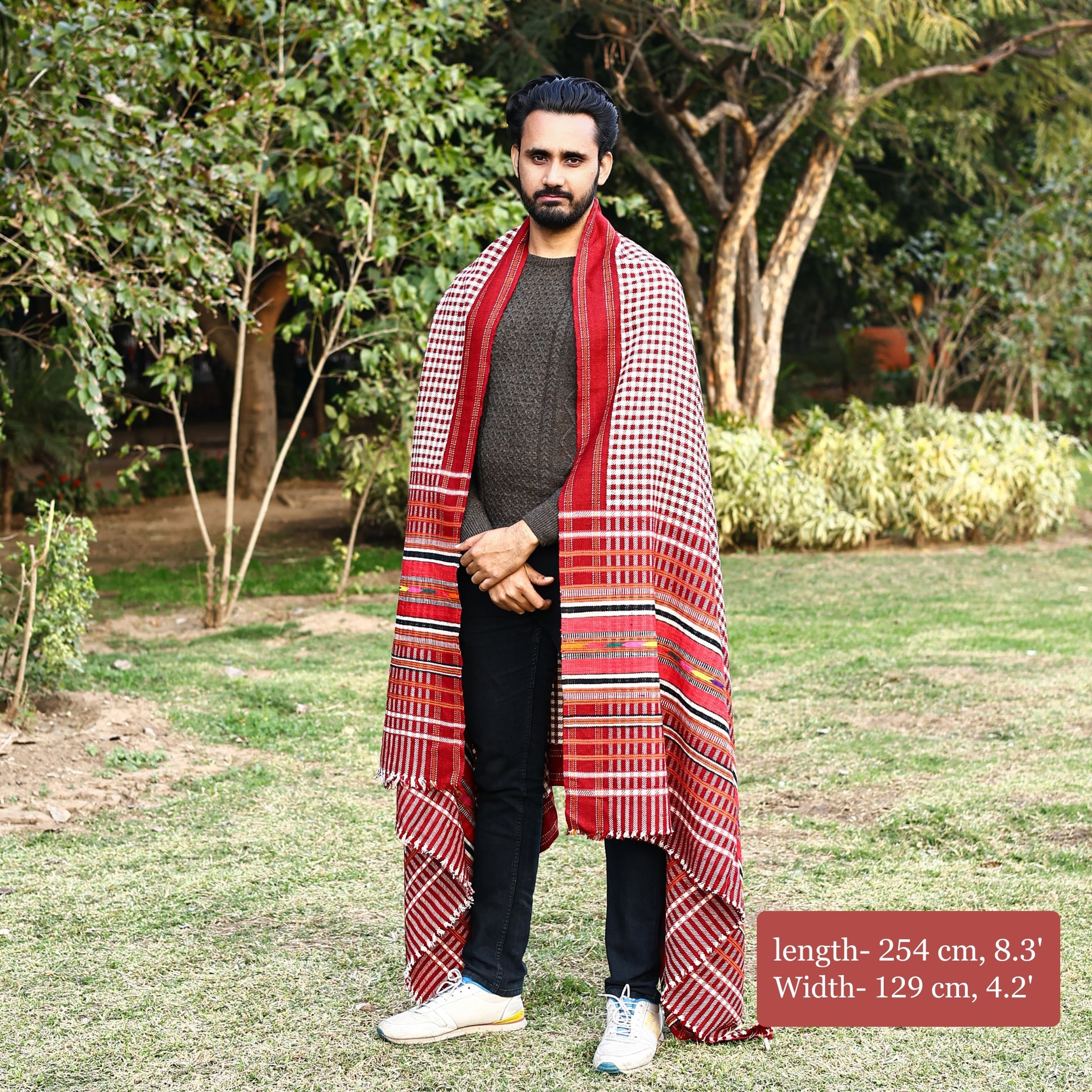 Handwoven Rajasthani Pattu Shawl—Red and Ivory