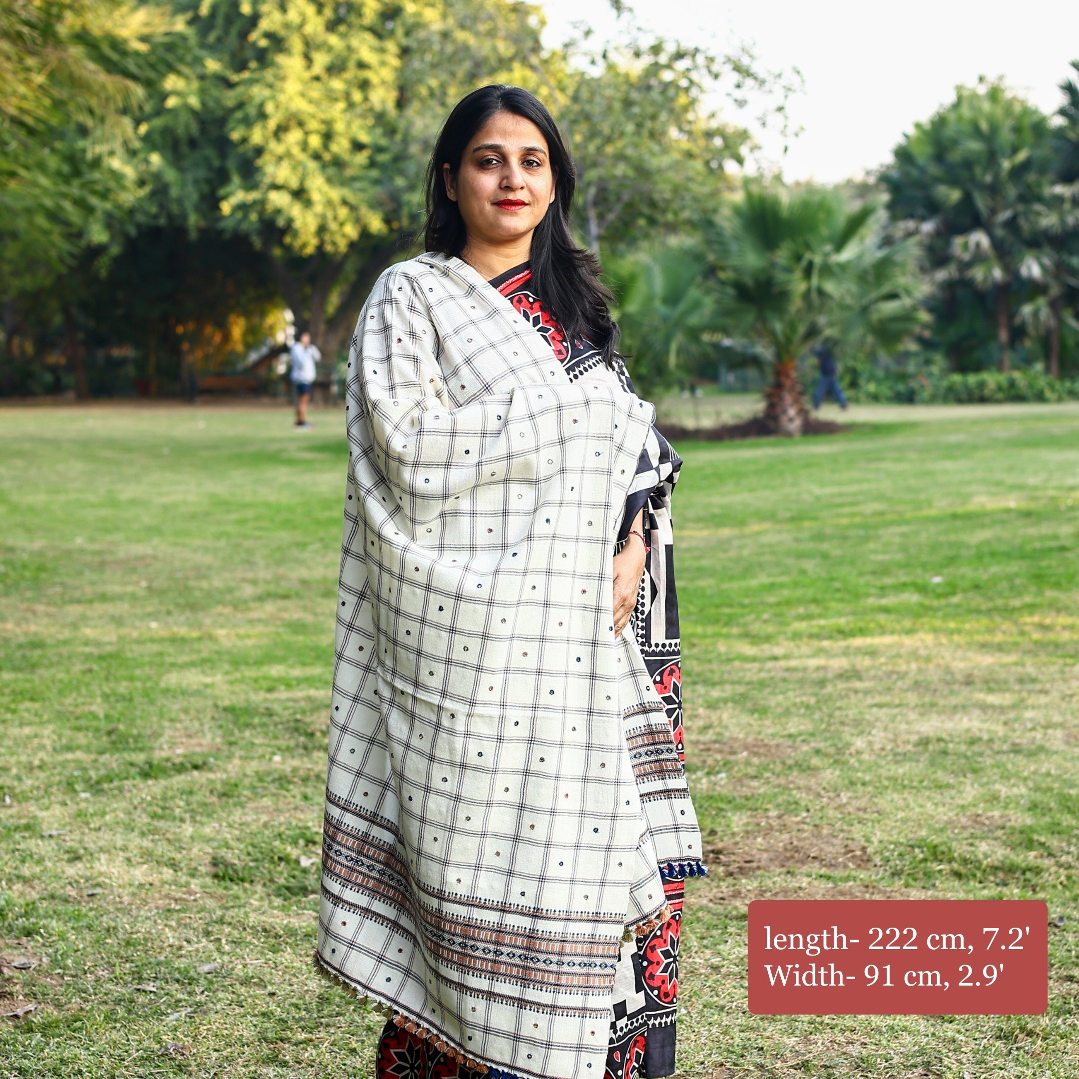 Handwoven White Checks Pattern Kutchi Bhujodi Shawl