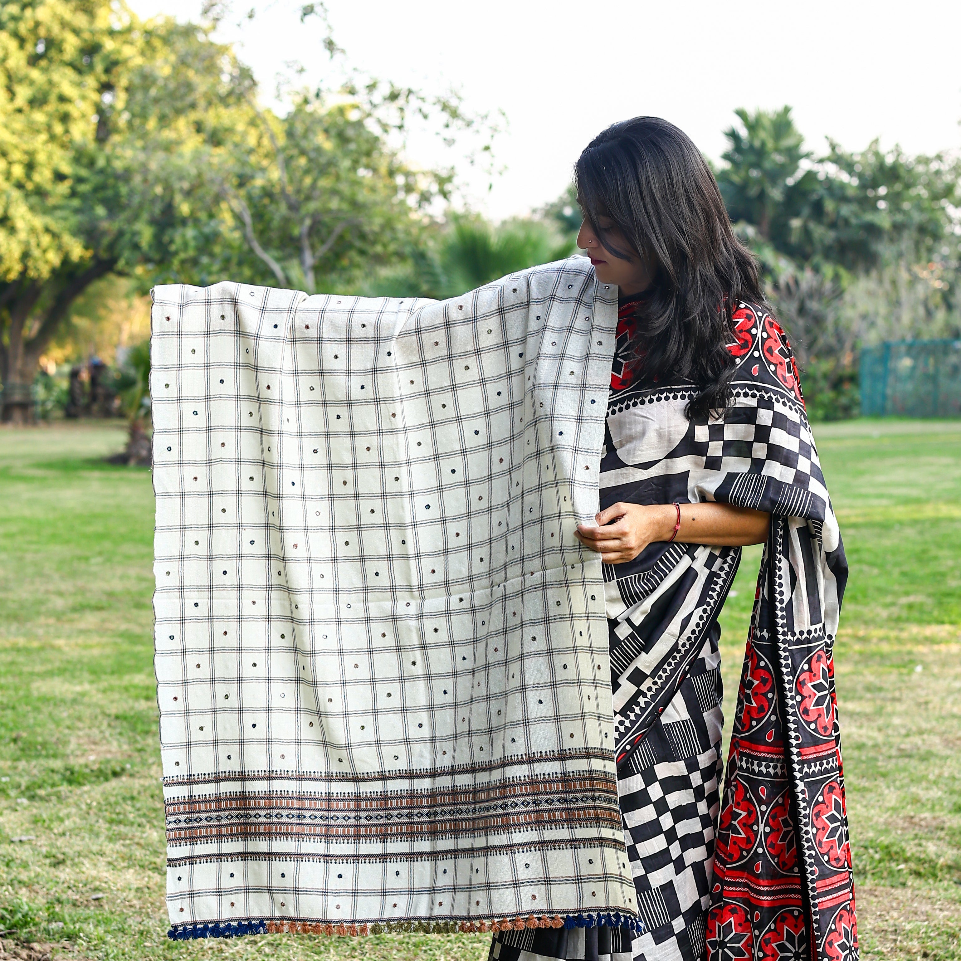 Handwoven White Checks Pattern Kutchi Bhujodi Shawl