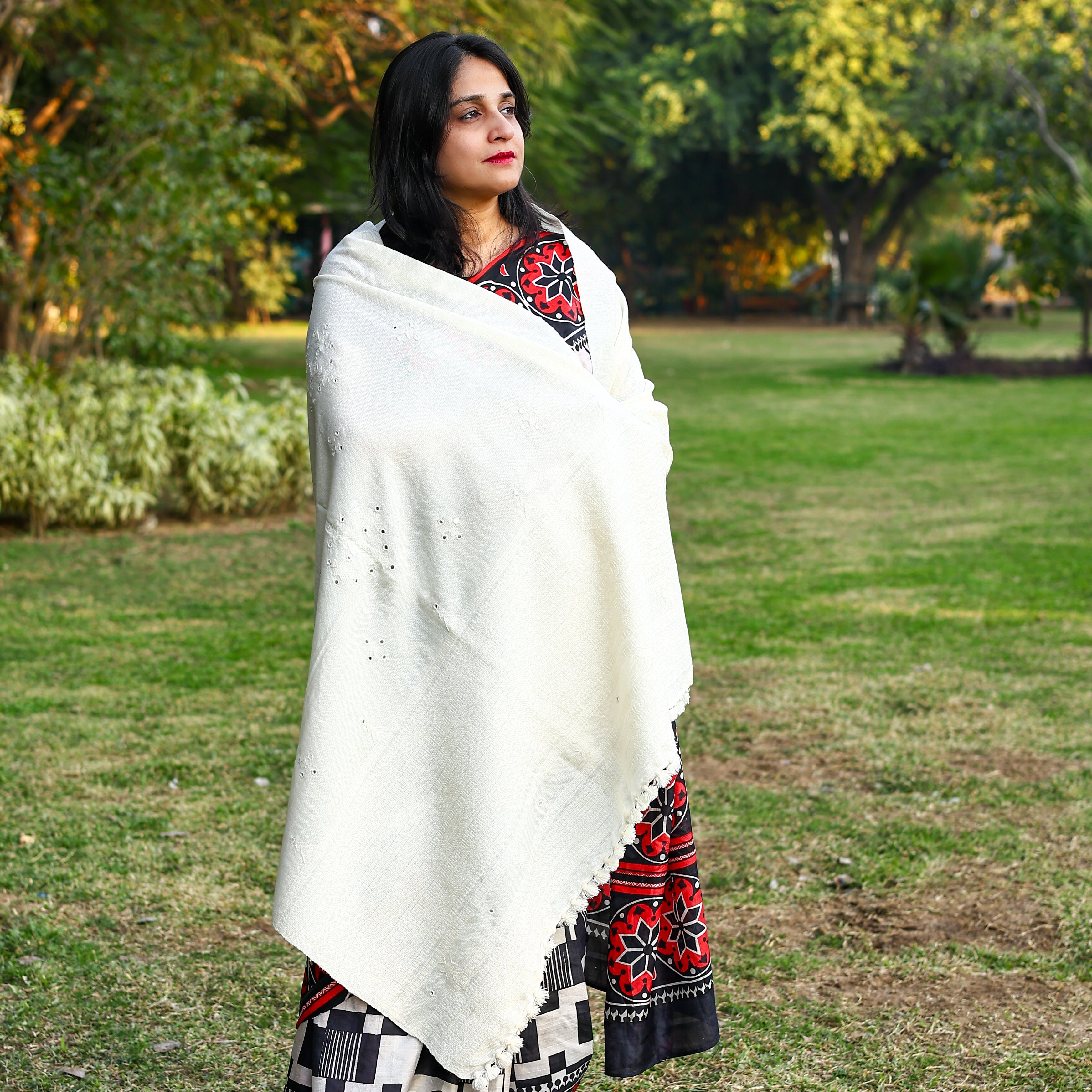 Handwoven White Kutchi Bhujodi Shawl with Mirrorwork and Geometric Pattern