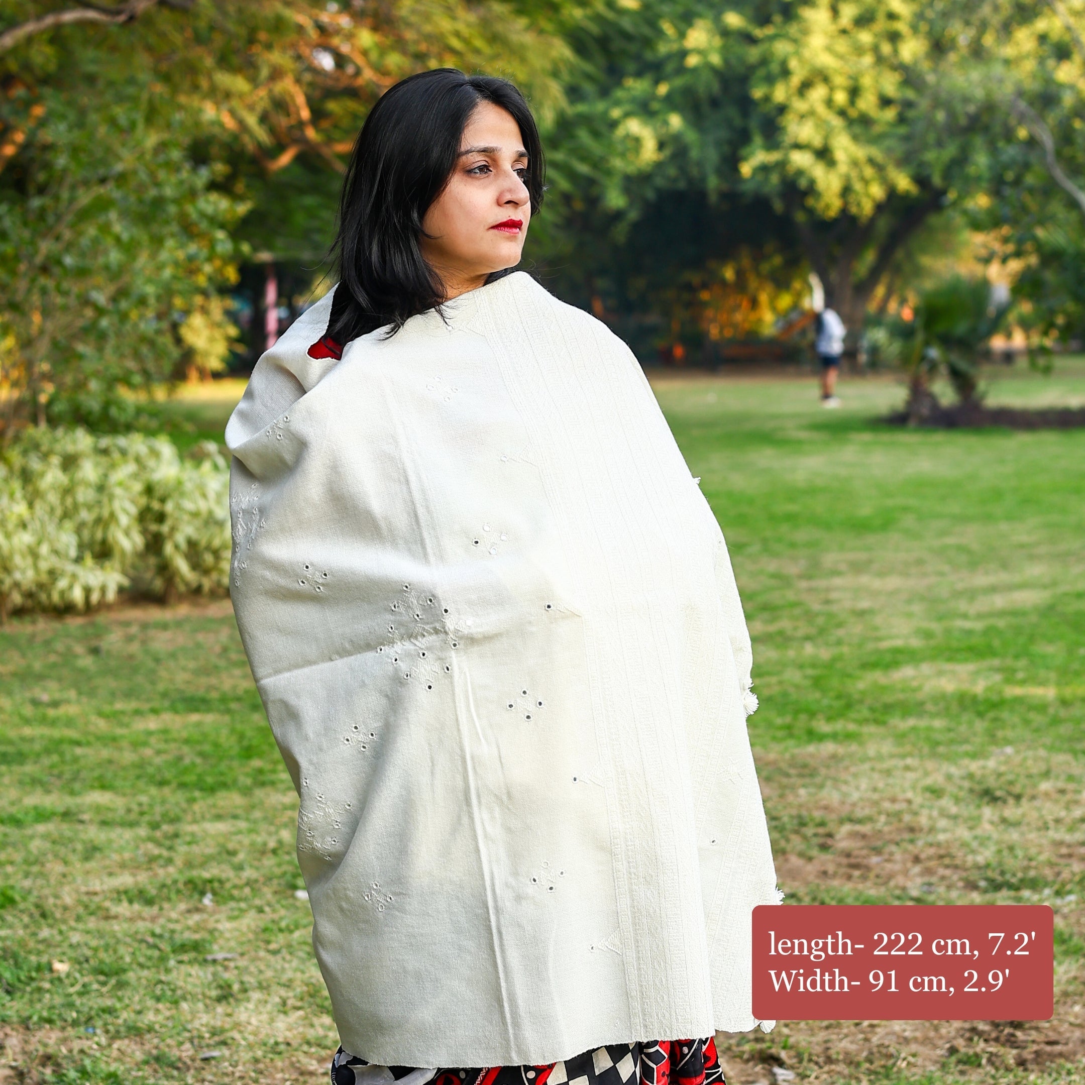 Handwoven White Kutchi Bhujodi Shawl with Mirrorwork and Geometric Pattern