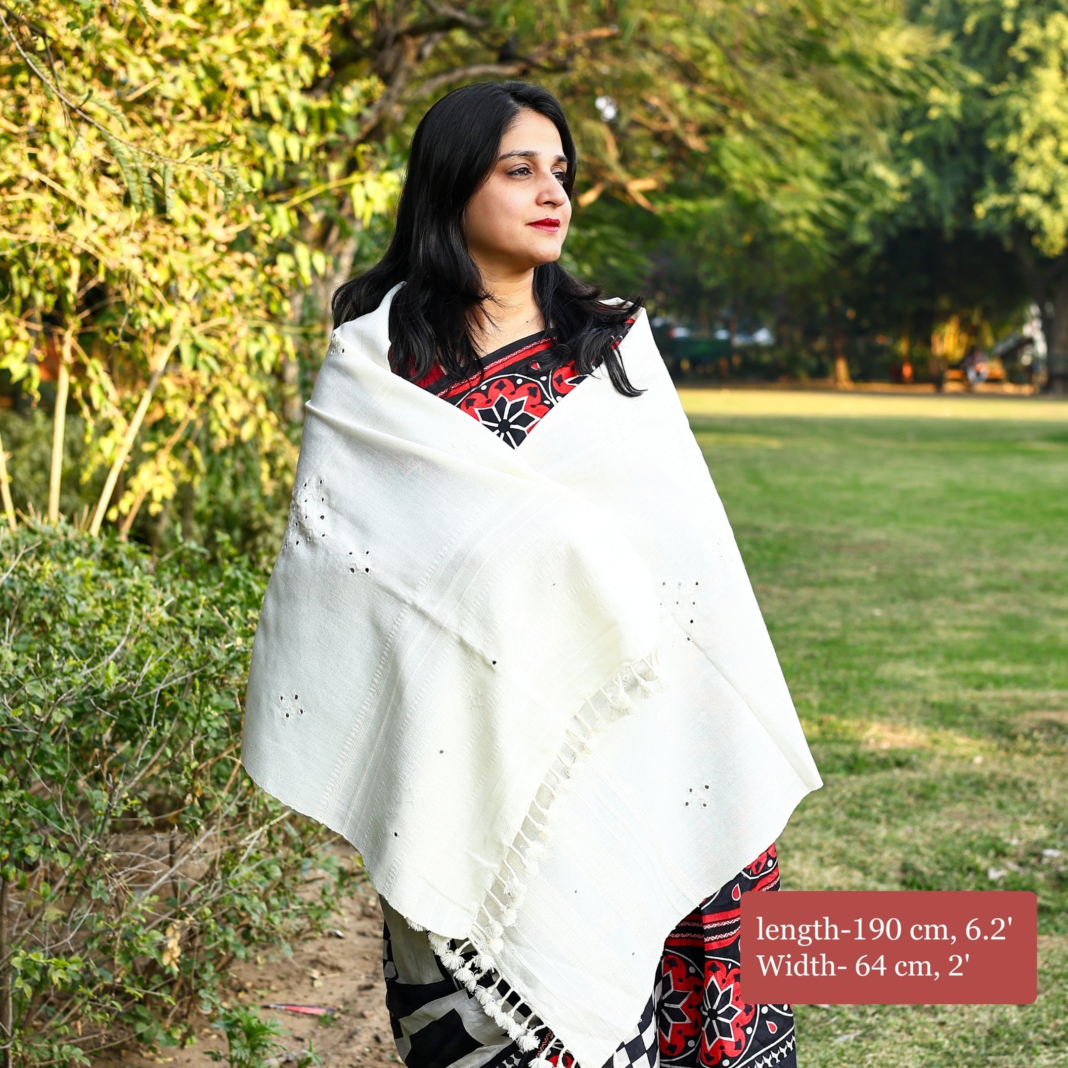 Handwoven White Kutchi Bhujodi Stole with Mirrorwork and Geometric Pattern