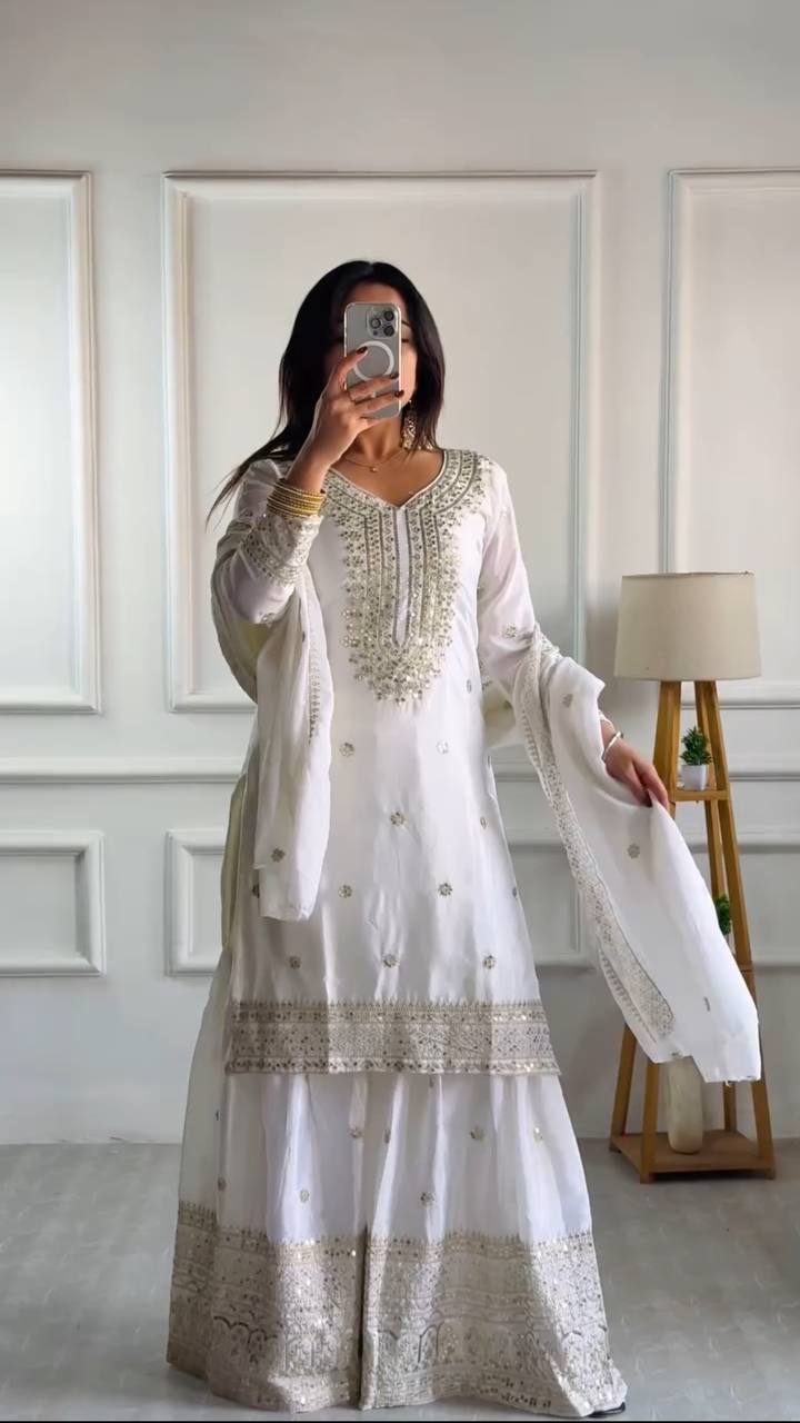Women's CHINON Silk Embroidery Sequence Work Pakistani Sharara Suit White / M | Trendia Global Women's CHINON Silk Embroidery Sequence Work Pakistani Sharara Suit White / M | Trendia Global
