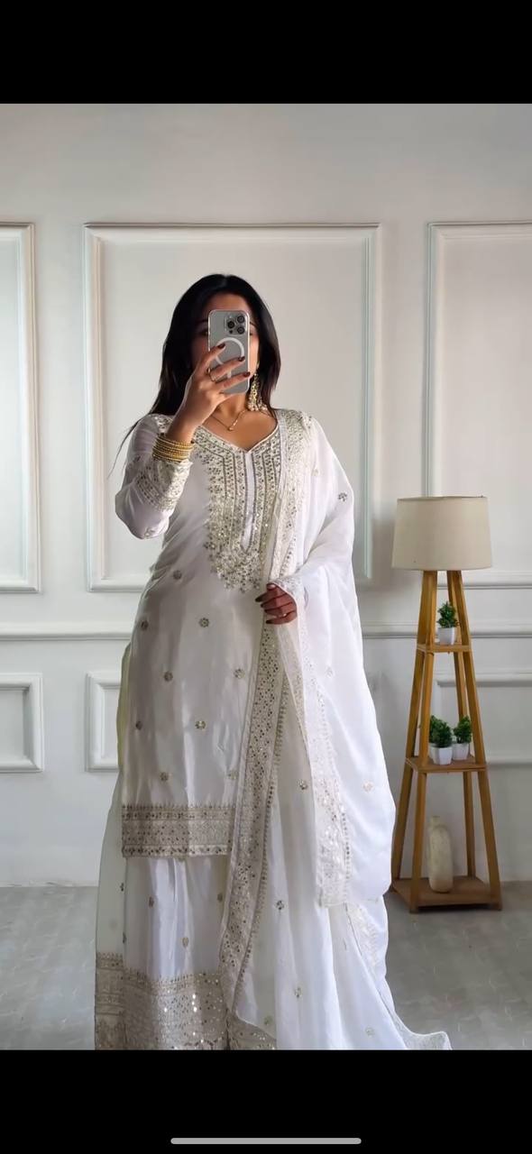 Women's CHINON Silk Embroidery Sequence Work Pakistani Sharara Suit White / M | Trendia Global Women's CHINON Silk Embroidery Sequence Work Pakistani Sharara Suit White / M | Trendia Global
