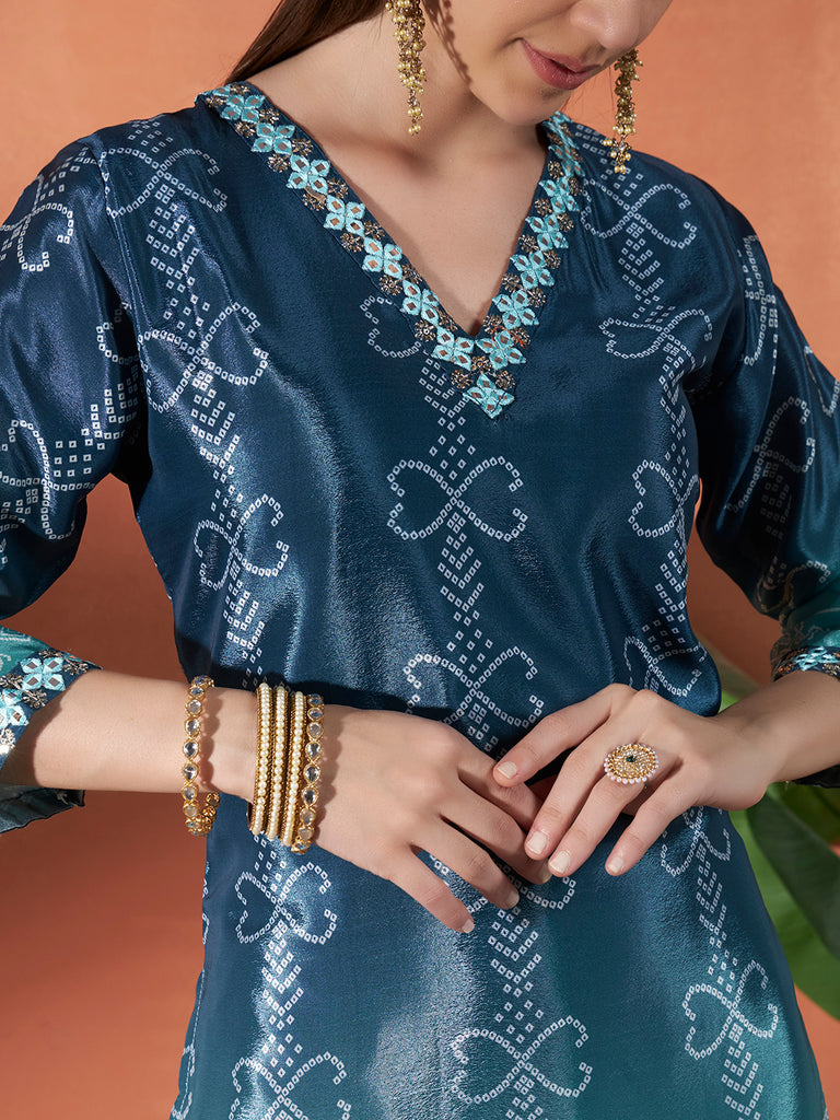 Women's Sky Blue Chinon Emroidery Plastic Mirror Work Kurta Set