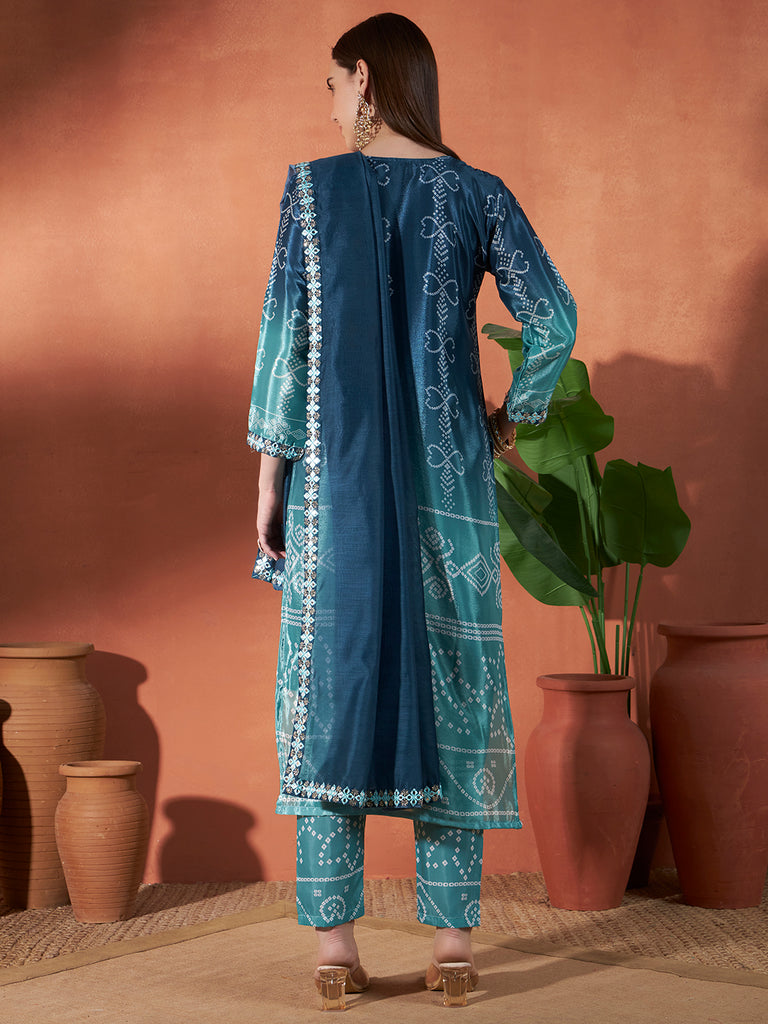 Women's Sky Blue Chinon Emroidery Plastic Mirror Work Kurta Set