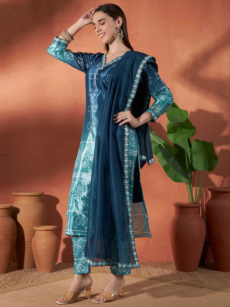 Women's Sky Blue Chinon Emroidery Plastic Mirror Work Kurta Set