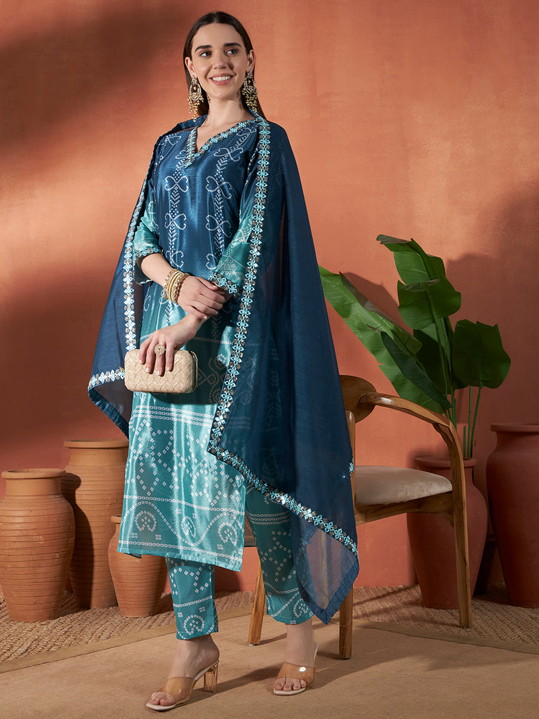 Women's Sky Blue Chinon Emroidery Plastic Mirror Work Kurta Set