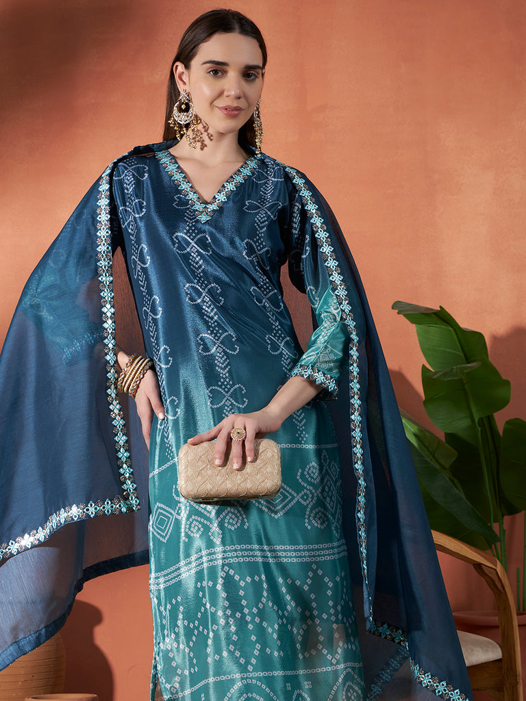 Women's Sky Blue Chinon Emroidery Plastic Mirror Work Kurta Set