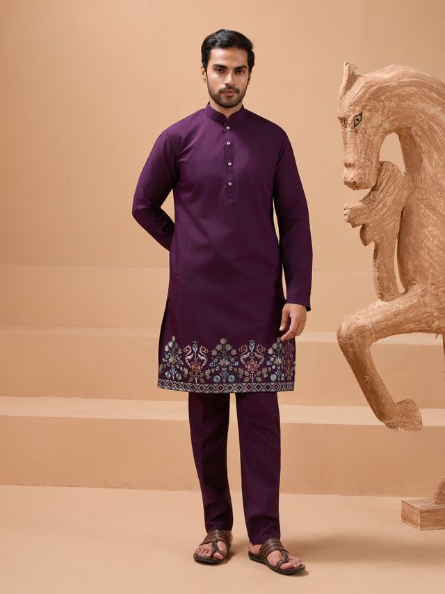 Men's Purple Viscose Silk Multi Thread With Sequence Embroidered Work Kurta Set