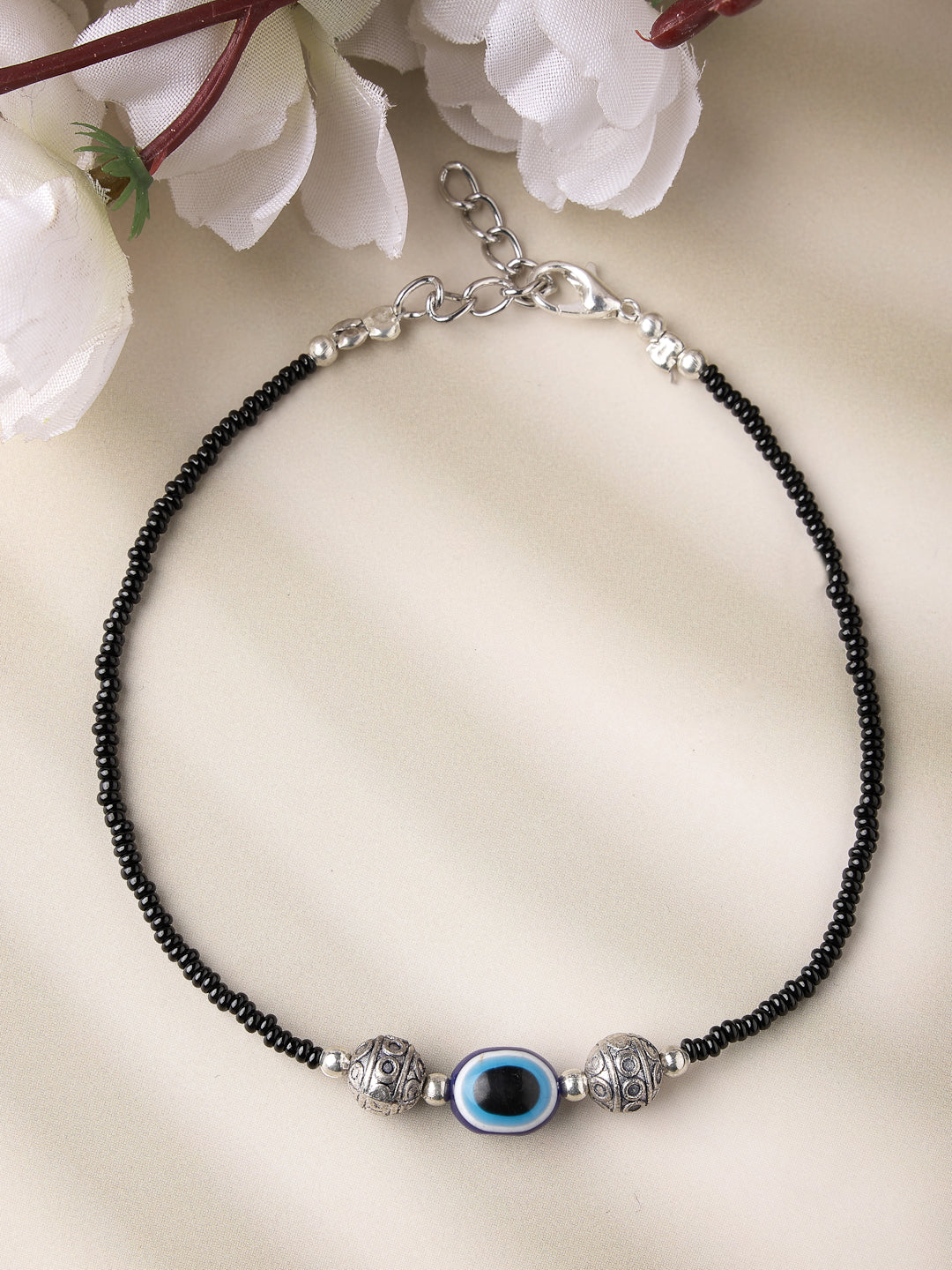 Women's Set of 2 Brass-Plated Stone-Studded & Evil Eye Beaded Anklet