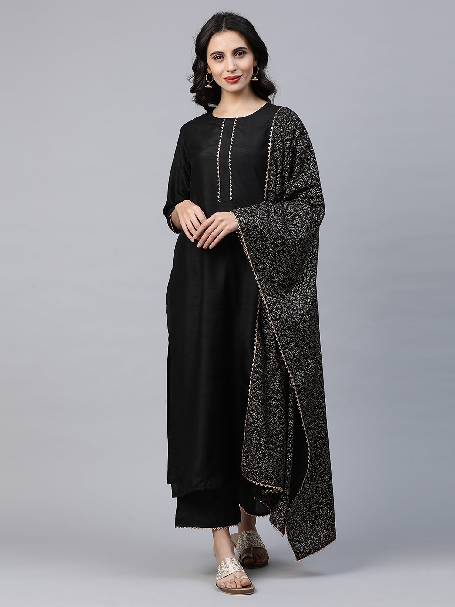 Women's Black Polyester Kurta Set - Taantav