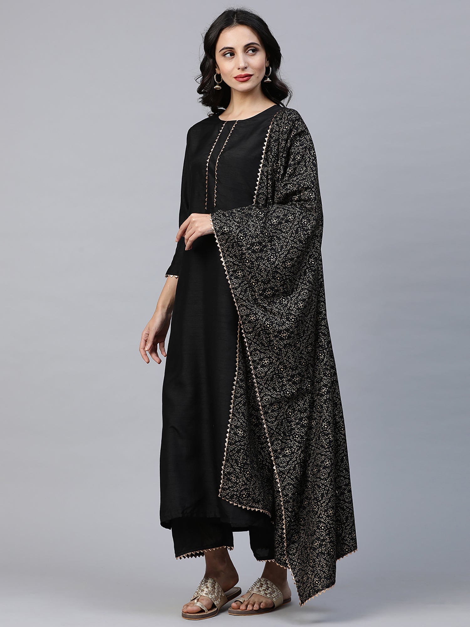 Women's Black Polyester Kurta Set - Taantav