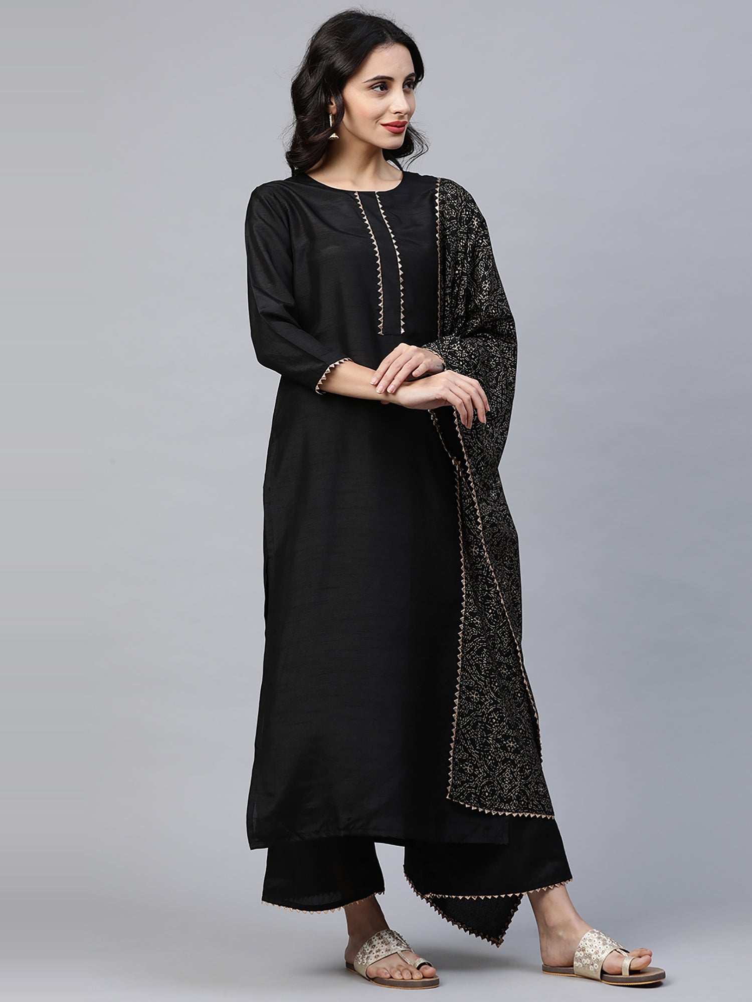 Women's Black Polyester Kurta Set - Taantav