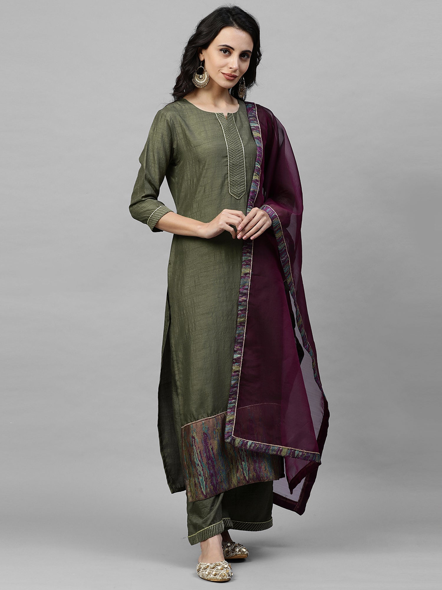 Women's Olive Polyester Kurta Set - Taantav