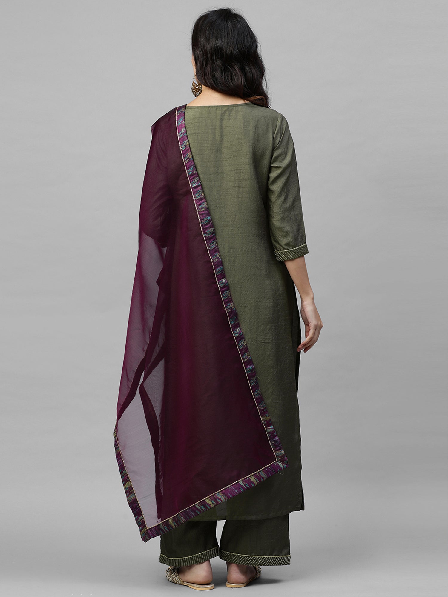 Women's Olive Polyester Kurta Set - Taantav