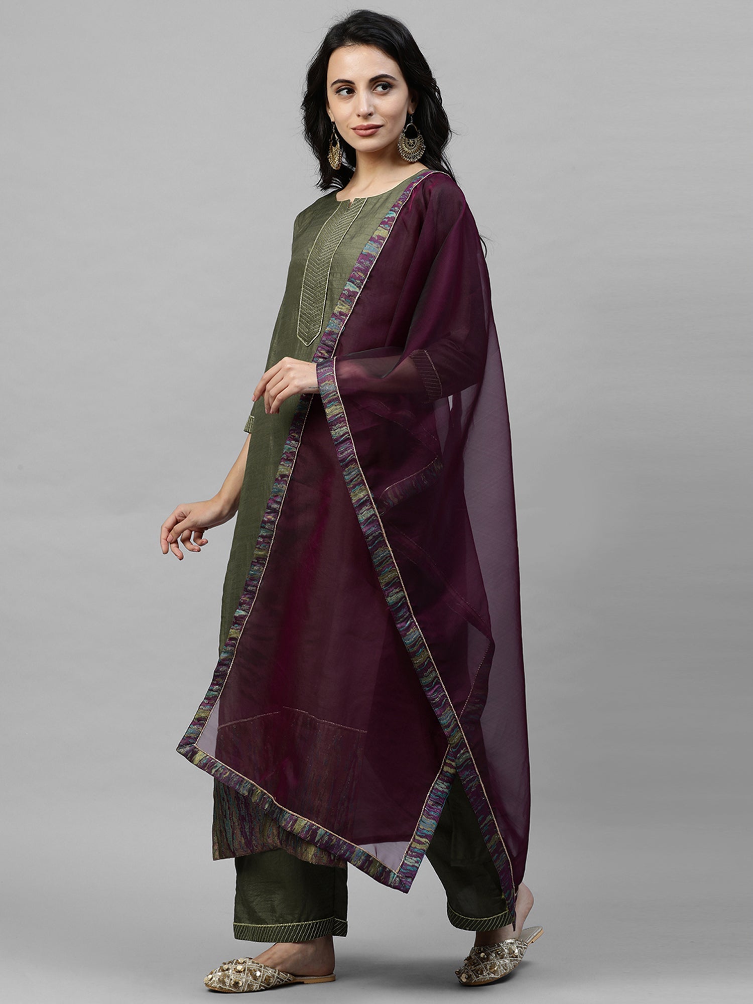 Women's Olive Polyester Kurta Set - Taantav