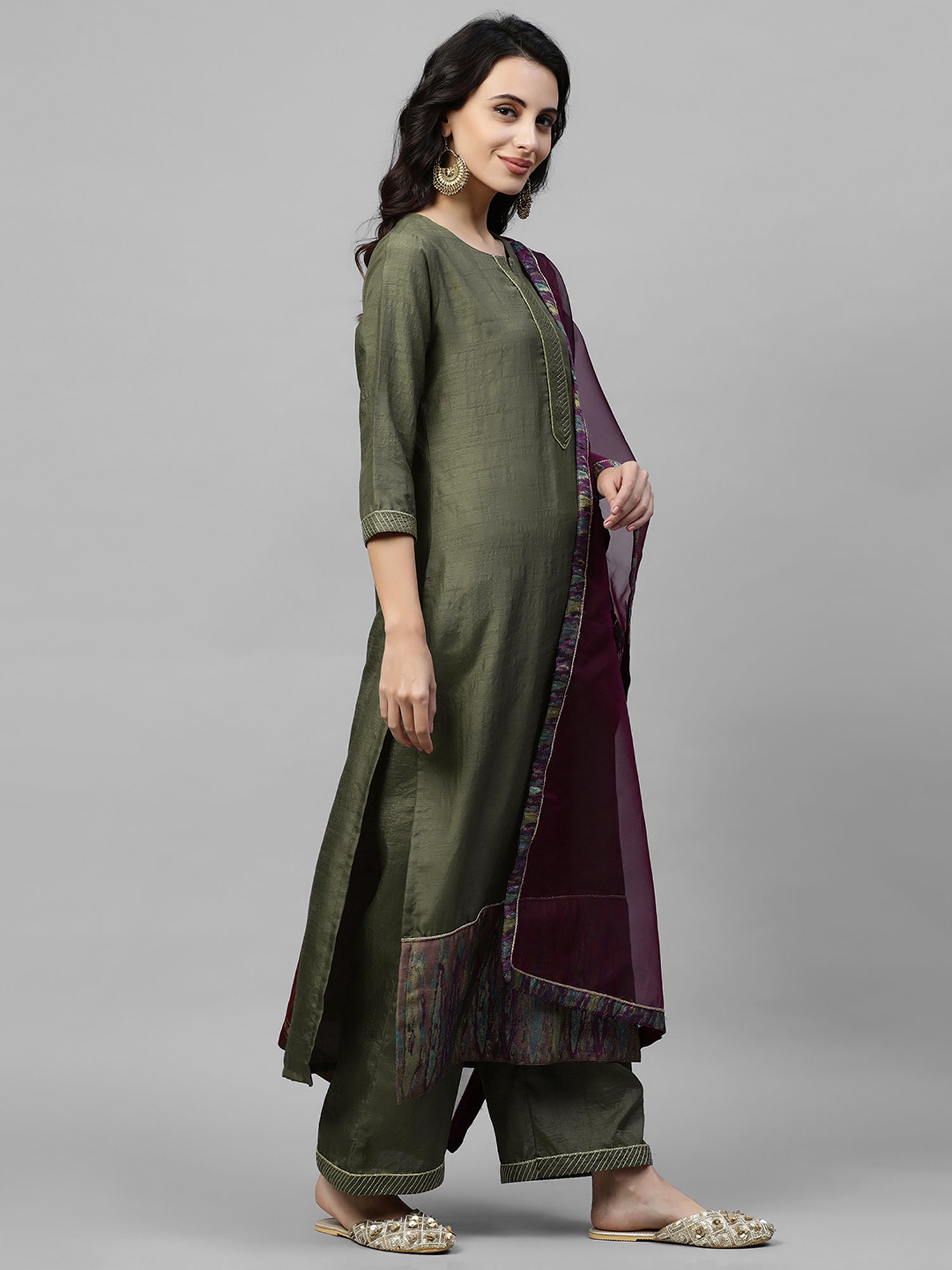 Women's Olive Polyester Kurta Set - Taantav