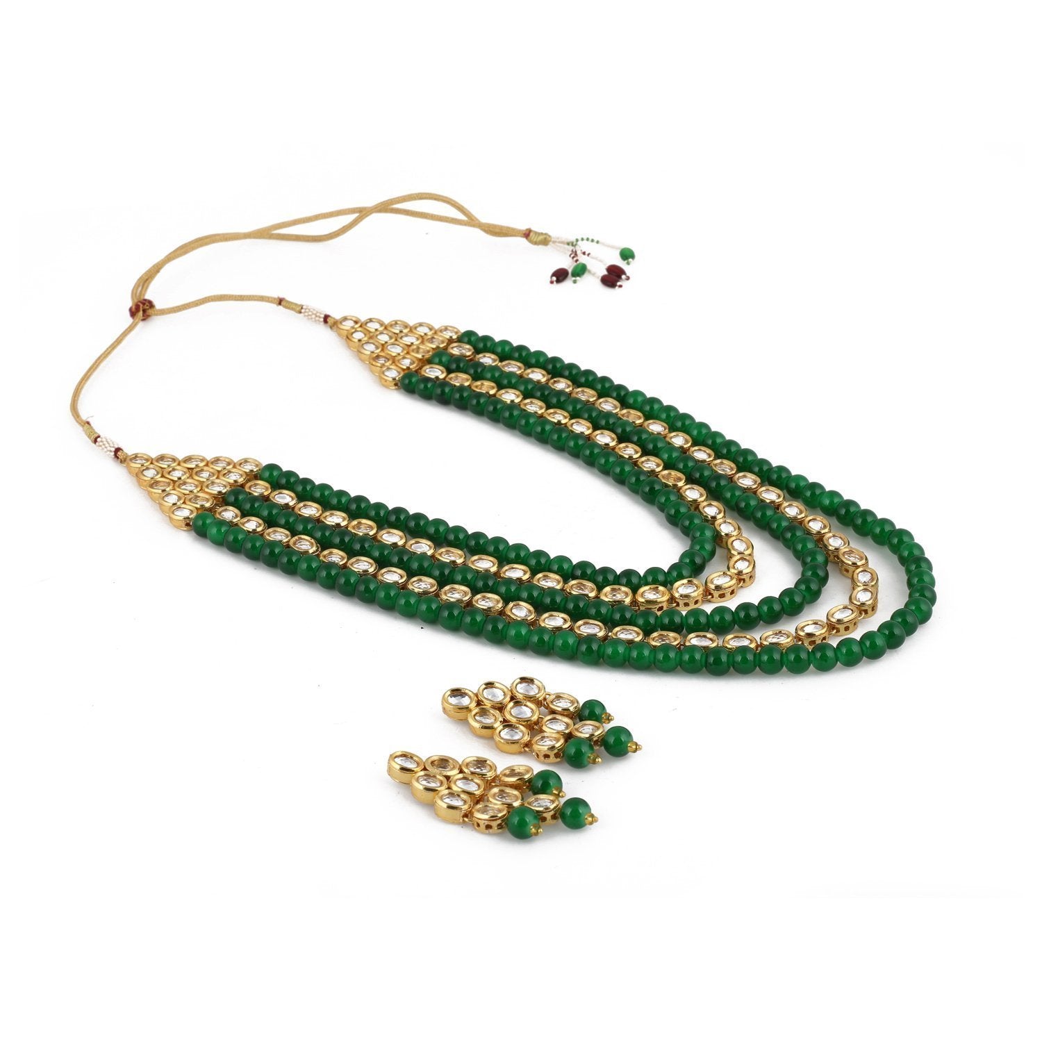 Women's gold plated kundan beads multi strand necklace set with earrings ij318pi