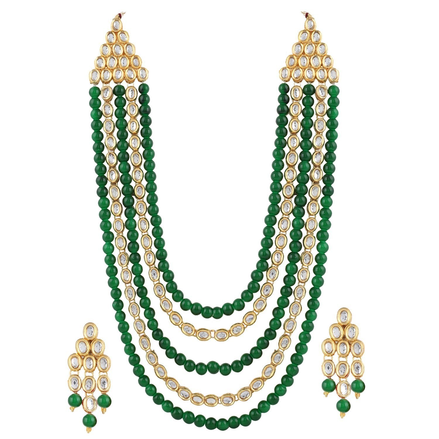 Women's gold plated kundan beads multi strand necklace set with earrings ij318pi