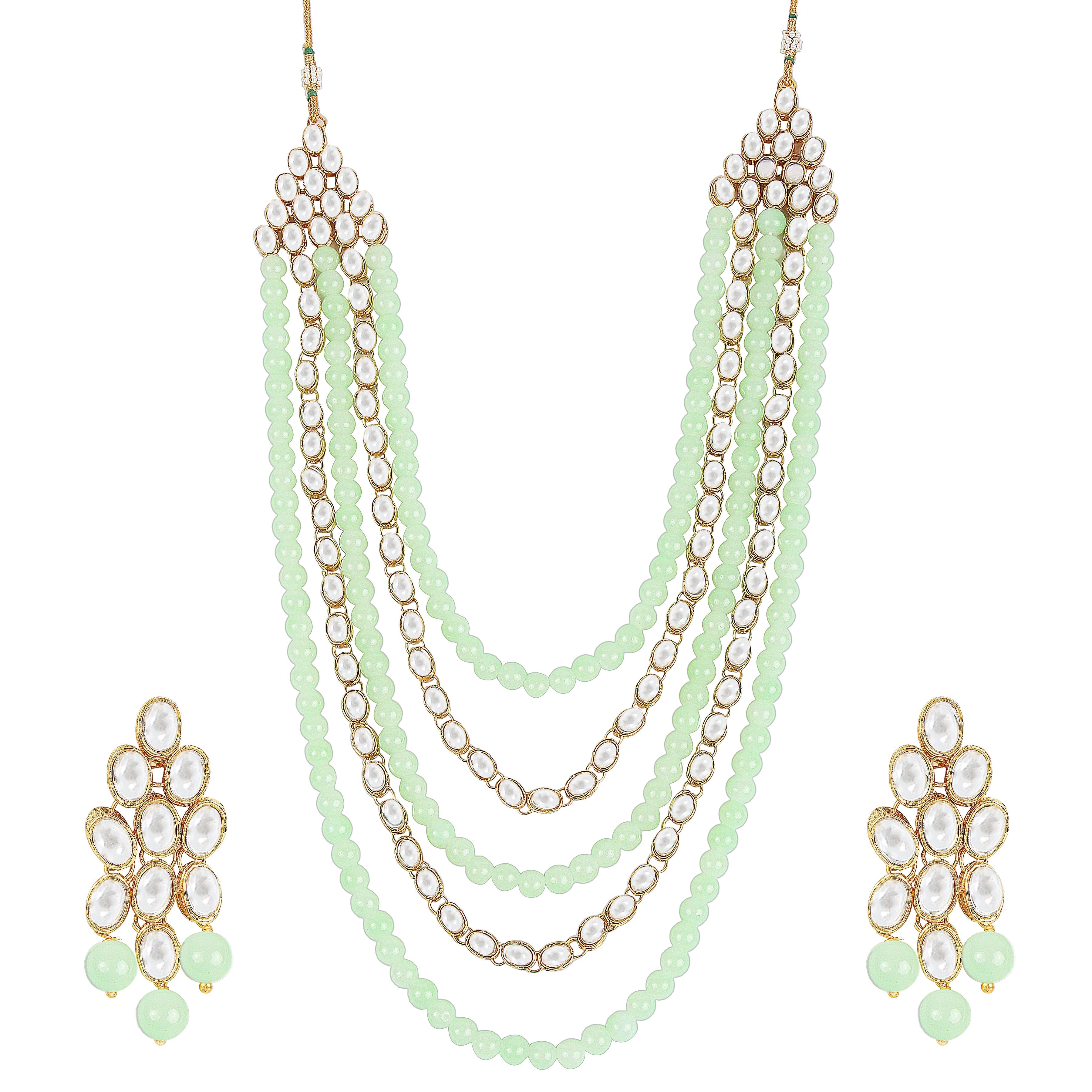 Women's gold plated kundan beads multi strand necklace set with earrings ij318pi
