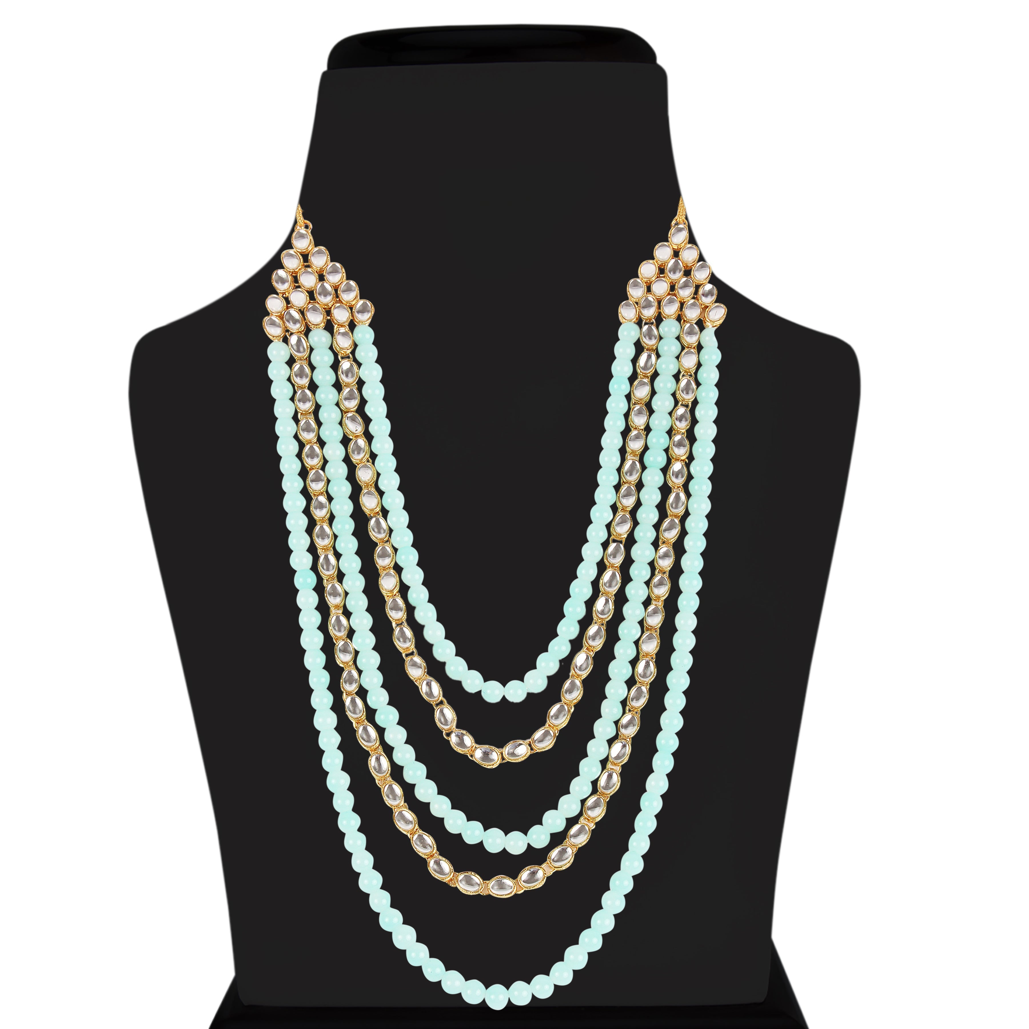 Women's gold plated kundan beads multi strand necklace set with earrings ij318pi