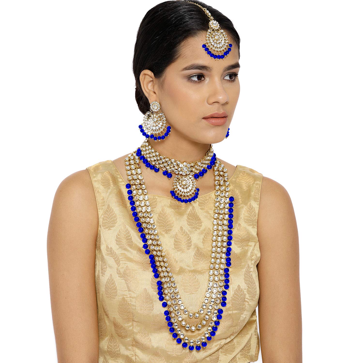 Women's Traditional Gold Plated Kundan Pearl Bridal Necklace Set for Women