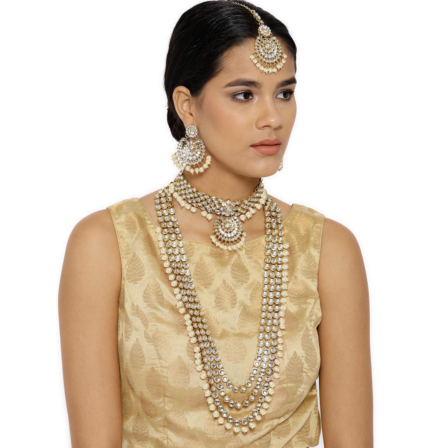 Women's Traditional Gold Plated Kundan Pearl Bridal Necklace Set for Women