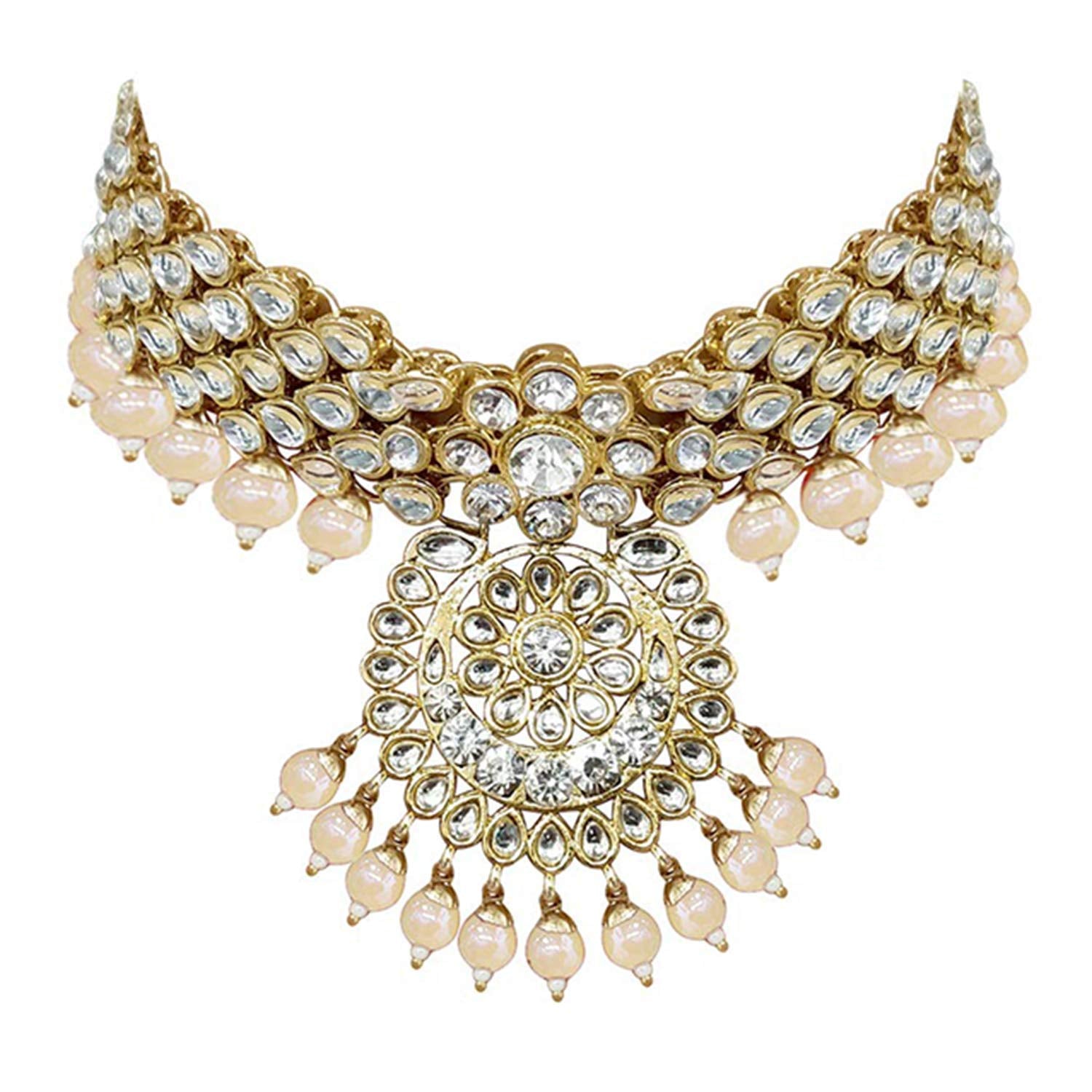 Women's Traditional Gold Plated Kundan Pearl Bridal Necklace Set for Women