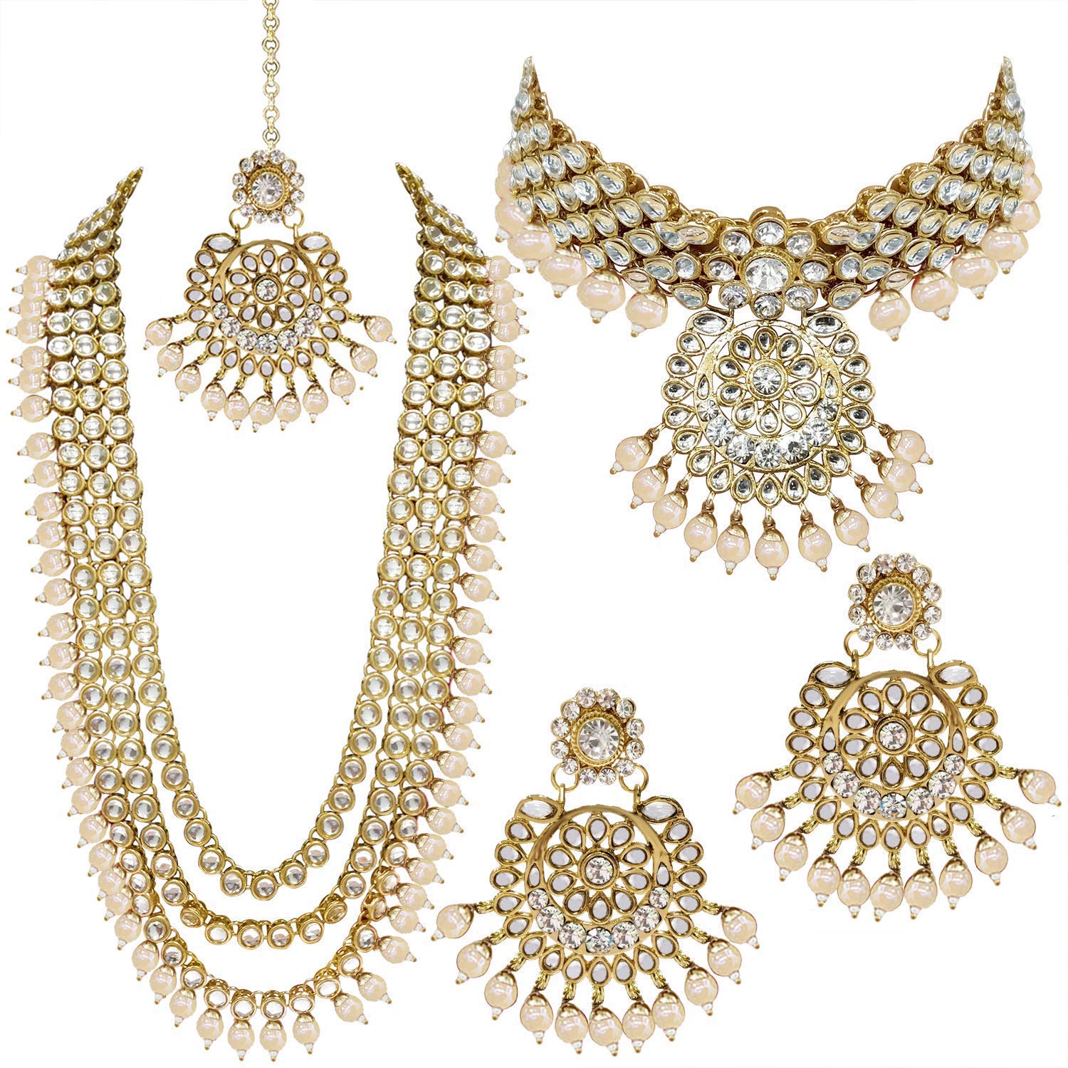 Women's Traditional Gold Plated Kundan Pearl Bridal Necklace Set for Women